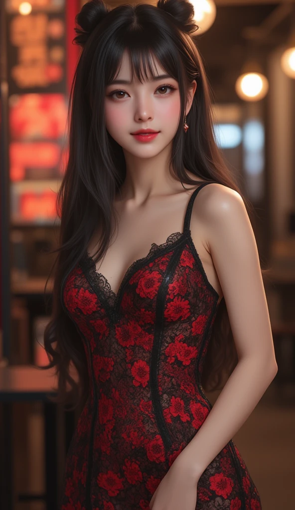 high quality fingers, normal hands, detailed fingers,masterpiece, (realistic, photo-realistic:1.37), (22 years old woman), katarina from league of legends, medium breast, small waist, dark red hair, blue eyes, beautiful face, perfect illumination, beautiful detailed eyes,looking at viewer, stunningly beautiful woman, detailed hairstyle, detailed background,shorts, detailed fantasy background, (sweat:1)