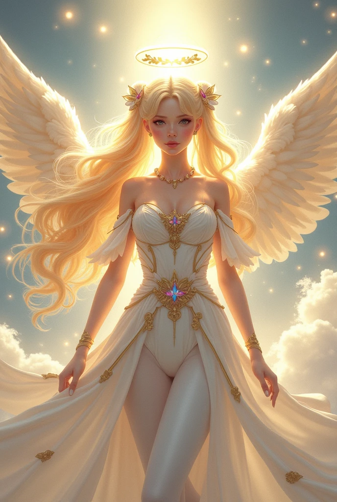 (best quality,4k,8k,highres,masterpiece:1.2),ultra-detailed,realistic,breathtaking goddess of love,divine beauty,angelic features,heavenly radiance,flowing golden hair,mesmerizing blue eyes,soft and delicate skin,lips as red as rose petals,her elegant gown adorned with delicate lace and shimmering beads,standing in a lush garden filled with vibrant flowers and blooming trees,her presence evoking a sense of love and passion,as gentle sunlight filters through the leaves,casting a warm golden glow over her,creating a magical atmosphere,exuding an aura of elegance and grace,with every step she takes,she emanates love and compassion,her divine wings gently unfurled,as if ready to take flight and spread love to the world,colors of the scene are vibrant and saturated,with a soft pastel color palette,bringing an ethereal and dream-like quality to the composition,soft diffused lighting adds to the heavenly ambiance,creating an otherworldly effect.