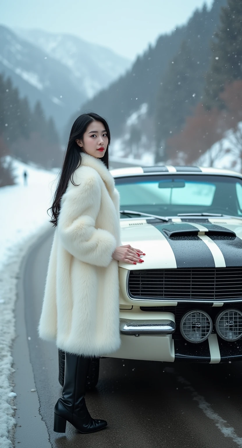 60's Ford Mustang in white with black stripes. Located in the mountains on a snowy road at dawn it's snowing. A young Asian-looking girl with black straight hair is standing next to her. She put both hands on the hood of the car, her face and headlights are looking at the camera. She is dressed in a white fox coat and elegant black winter boots. 
All fingers are perfectly visible.