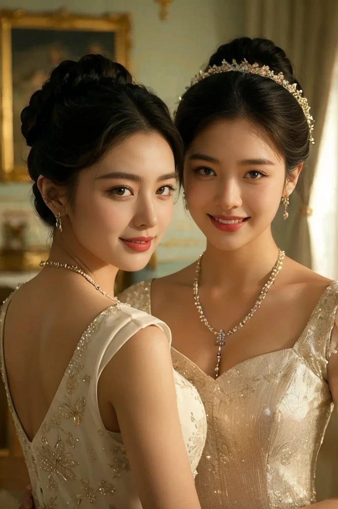 in ancient,Two beauties entangled with each other,Dressed in gorgeous and intricate costumes,Dazzling。They were dressed in delicate satin robes,It is embroidered with a delicate pattern with gold thread,Blooming with bright colors。One of the beauties was dressed in a red robe,It's like a burning flame,It shows her delicate and moving。Another beauty wore a lake-blue robe,Like clear water waves in the sky,Show her freshness and softness。They wear ornate gold-encrusted gemstone necklaces around their slender necks,Gemstones sparkle with colorful sparkle,It reflects their noble temperament。Beauty hair is draped over her shoulders,Delicate hair is as soft as silk,Shining with a faint light。They braided their hair into a delicate bun,It is dotted with jade hairpins、Golden comb and flowers,It adds a bit of charm to them。The faces of the beauties are fair and delicate,Just like white jade。Their foreheads are dotted with a pair of eyebrows that shine like night stars,Gently provoke,It's like peach blossom eyes,Fascinating。Their eyes were bright and deep,It's like a clear spring,Indulge at a glance。Their lips are rosy and full,Slightly upturned,Like a cherry in bloom,Inspiring imagination。Two beauties with heavy makeup,The lips are red and the teeth are white。Their cheeks are smeared with pear pollen,A slight smil,Bloom into a charming smile。The eye sockets are dotted with colorful jewels,Make their eyes more confused and charming。They pair pearls with openwork gold earrings,It adds a bit of gentleness to myself。