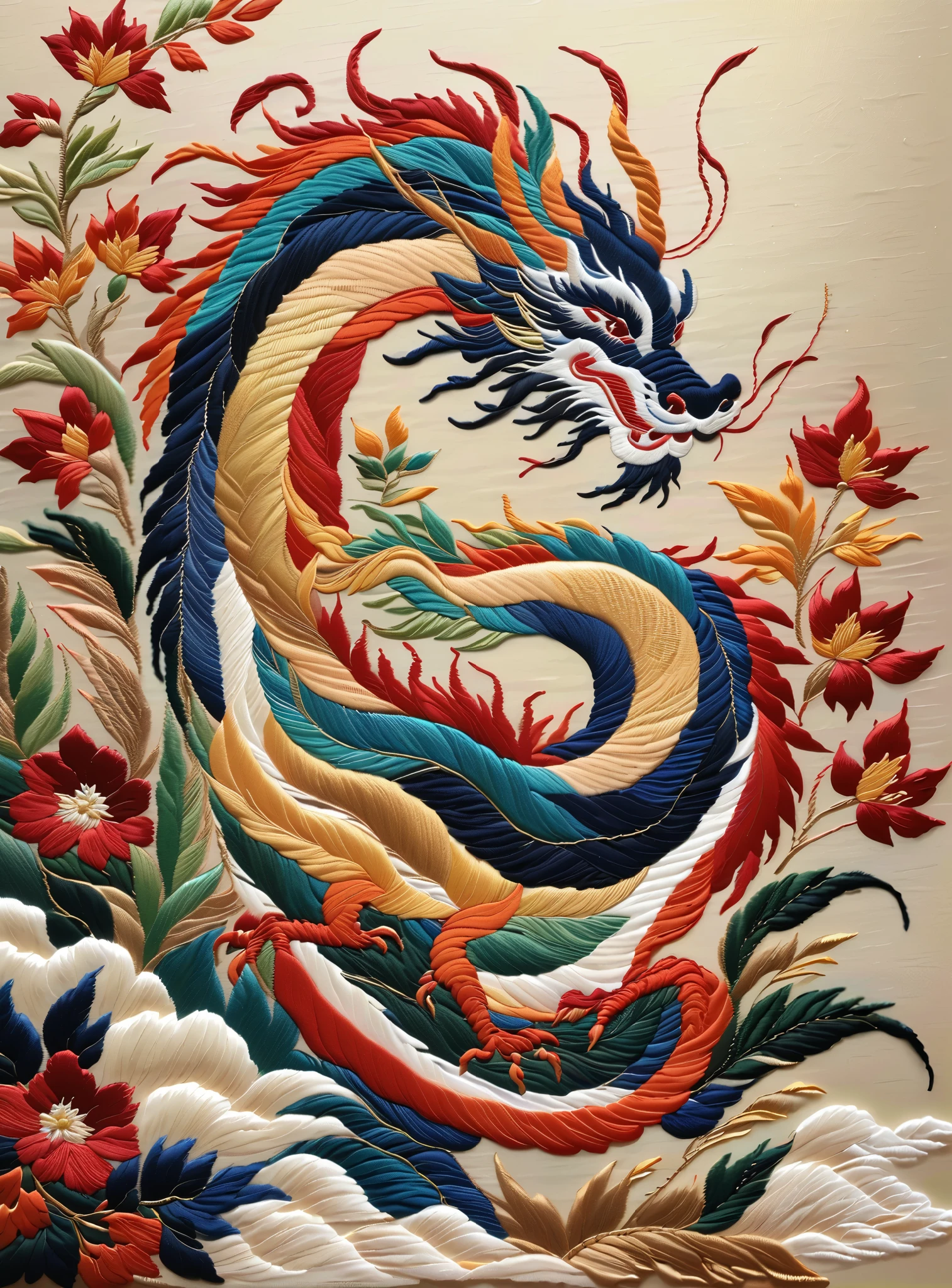 (Embroidery work), graceful dragon, background and: plants, spray, traditional Chinese color, low saturation, level composition, leave space, silver silk thread, shiny silk thread, silk thread texture, delicate needlework, bright and shiny Suzhou embroidery, new Gong brush, Chen Jialin, texture matte, dazzling light and shadow, Song Huizong,