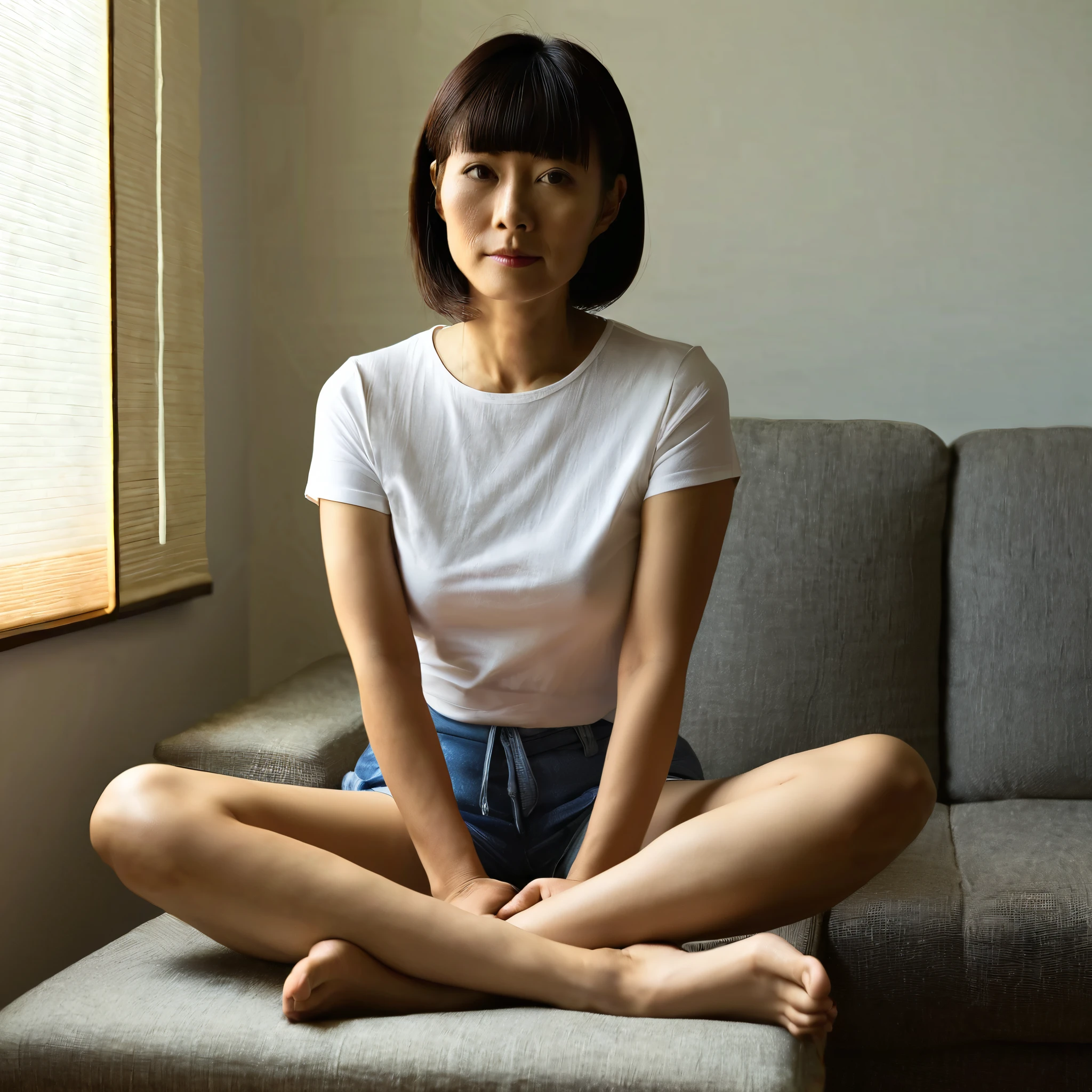 38-year-old Japanese woman、 Skinny Body 、very short hair、with bangs、white t-shirt、Wearing shorts、Sit cross-legged on the sofa in the living room at home、looking here