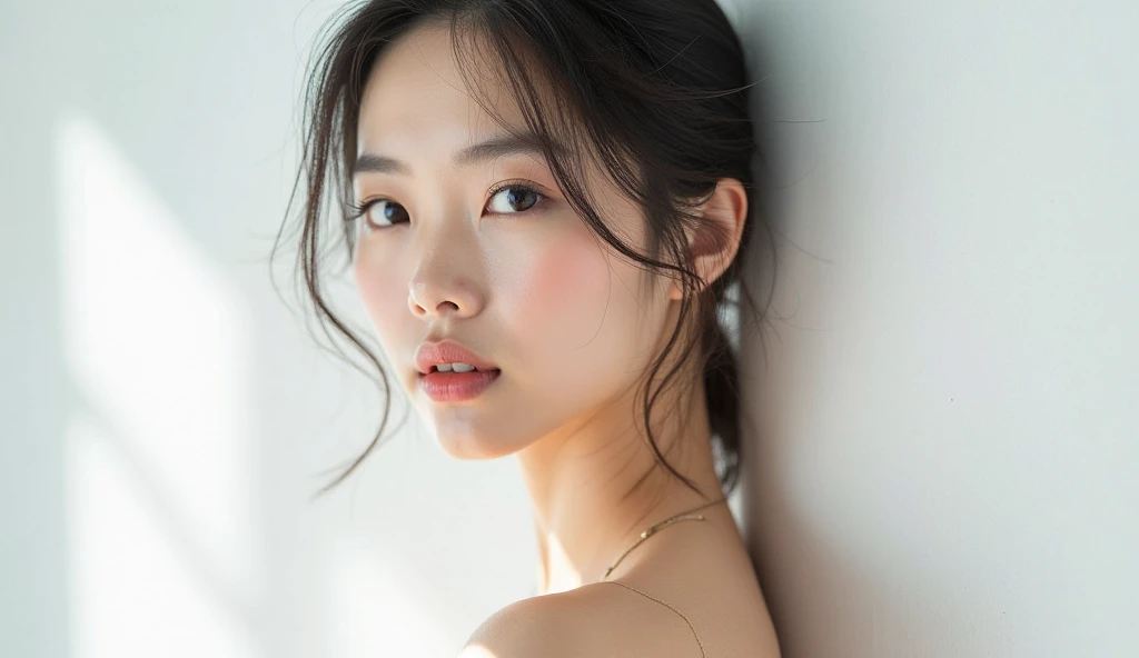 raw photo of beautiful female, looking at camera, centered portrait upper body, Miss Japan, slim perfect face, natural look, playmate, straight hair, wet hair tied in a bun, supermodel, wet skin, moist skin, blushing cheek, very very small bust, closing eyes, feeling ecstasy, nude skin, in photo studio