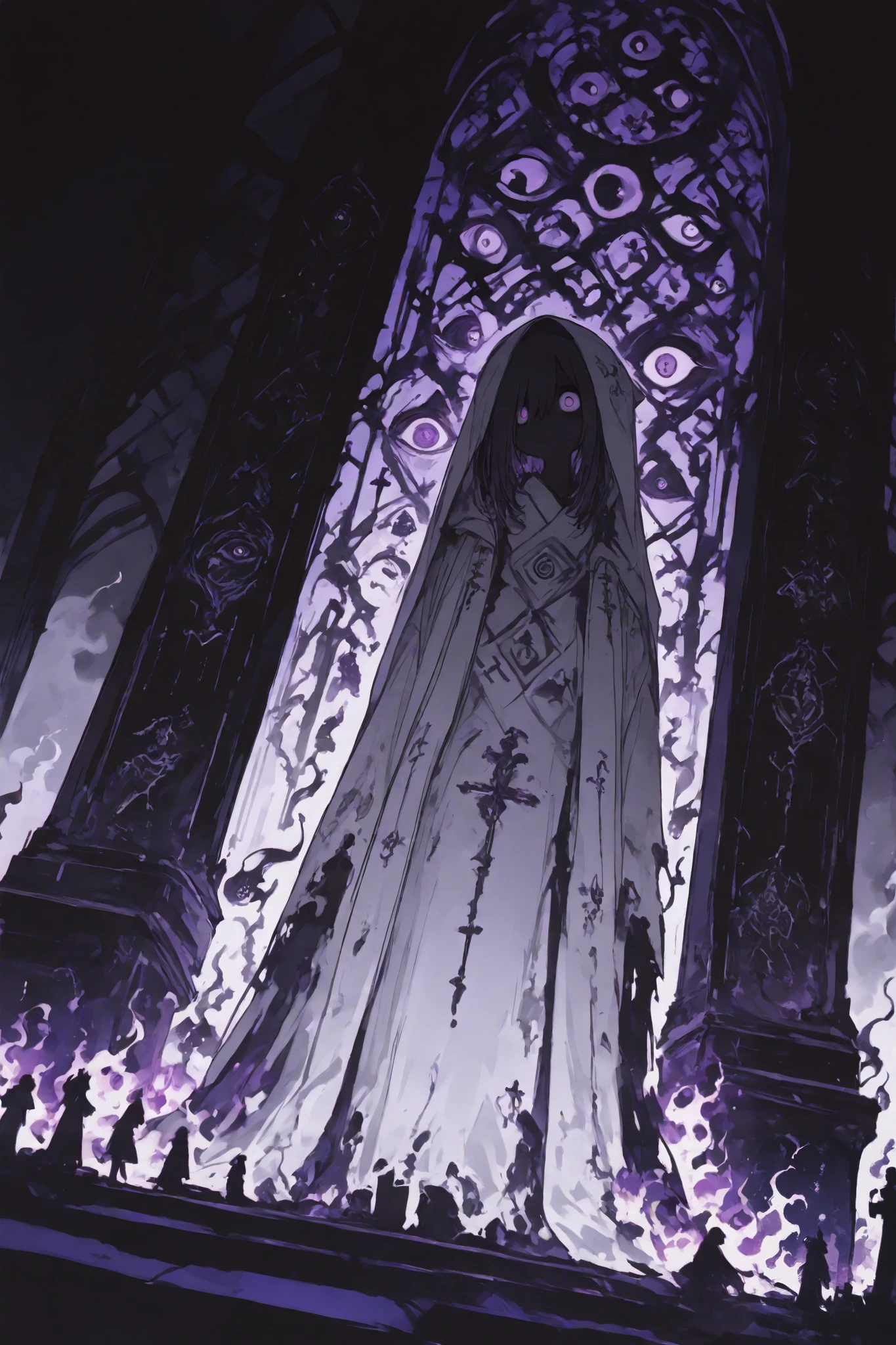 General,Komeshiro Kasu style, r17329_illu,usnr,hzk,(masterpiece, best quality, illustration, soft colors, ultra-detailed) A close-up of a sorrowful, purple-eyed demon standing at the center of a dark, fog-covered altar. They are dressed in torn, ceremonial robes, surrounded by symbols of an ancient religion. The night sky is shrouded in thick mist, illuminated only by the faint glow of purple flames. The figure’s expression reflects the pain of betrayal and persecution, as the symbols around them signify a dark prophecy.