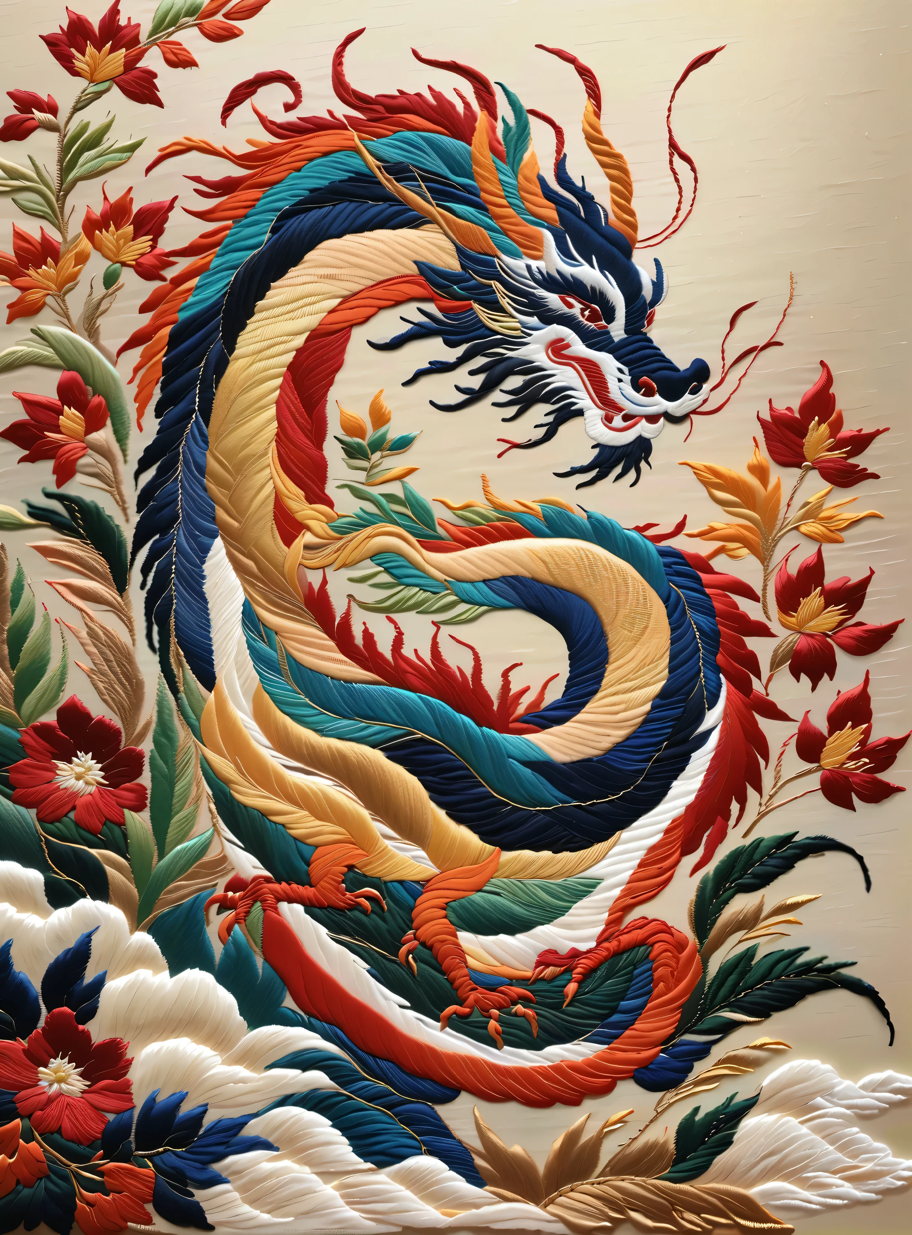 (Embroidery work), graceful dragon, background and: plants, spray, traditional Chinese color, low saturation, level composition, leave space, silver silk thread, shiny silk thread, silk thread texture, delicate needlework, bright and shiny Suzhou embroidery, new Gong brush, Chen Jialin, texture matte, dazzling light and shadow, Song Huizong,