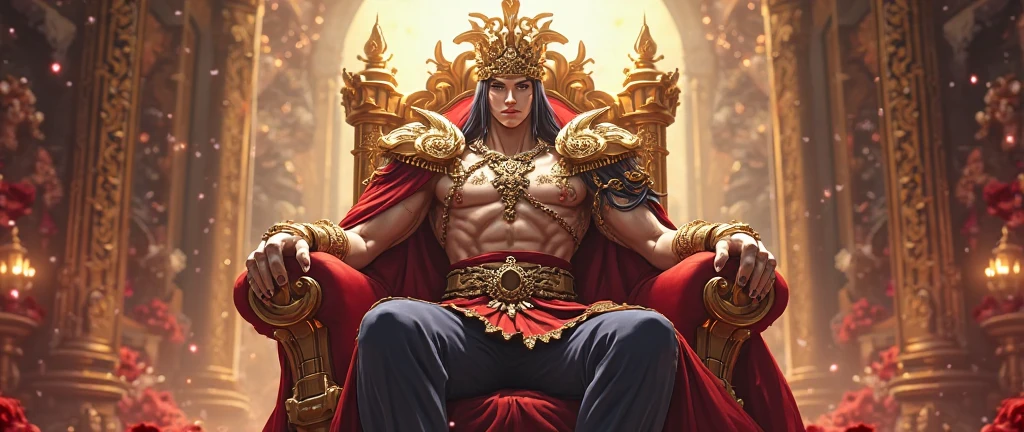 Realistic,Hot muscular Emperor of the Han dynasty on his knees with legs spread apart, wearing an ancient revealing Chinese dress with a tight thong a huge bulge with long silky hair and masculine features with a serious face looking at the ground.Battle scars, a huge throne behind him