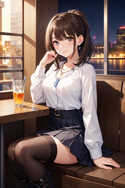 masterpiece, High resolution, perfect face, beauty of japan, 30 years old, beautiful face, night bar, skirt dress, embarrassed look, look at the camera, (top quality eyes), (detailed texture), look at me, Married woman, cool women, (high resolution eyes), sitting on the bar chair