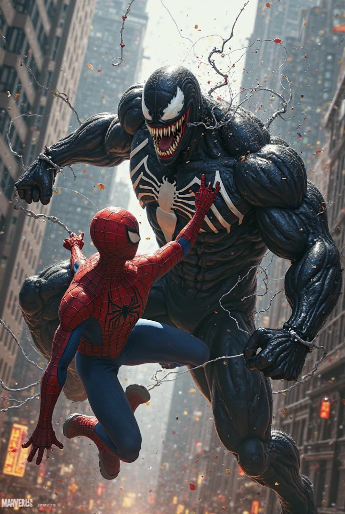 Spider-Man fights with every fiber of his being, trying to maintain control as the creature feeds his darkest doubts and fears. The villain, the enigmatic Mimic, absorbs and amplifies Peter's inner chaos, turning him into a devastating force. In the midst of the confrontation, Peter realizes that in order to defeat this threat, he will have to face the truth he fears most: the darkness within him. Retro comic style artwork, perfect composition,hyperrealistic,super detailed,high quality,sharp focus,studio photo,intricate details,highly detailed