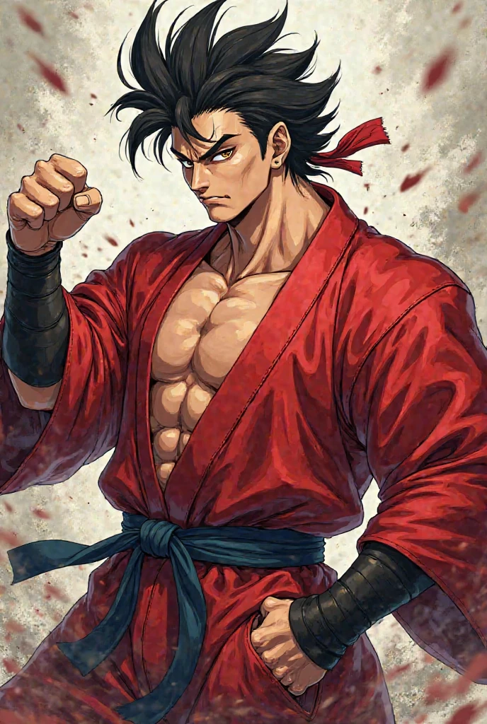 A anime man, black short hair, mullet haircut split in the middle, red eye, black and red kimono, standing battle pose, full body, 22age, some muscular body