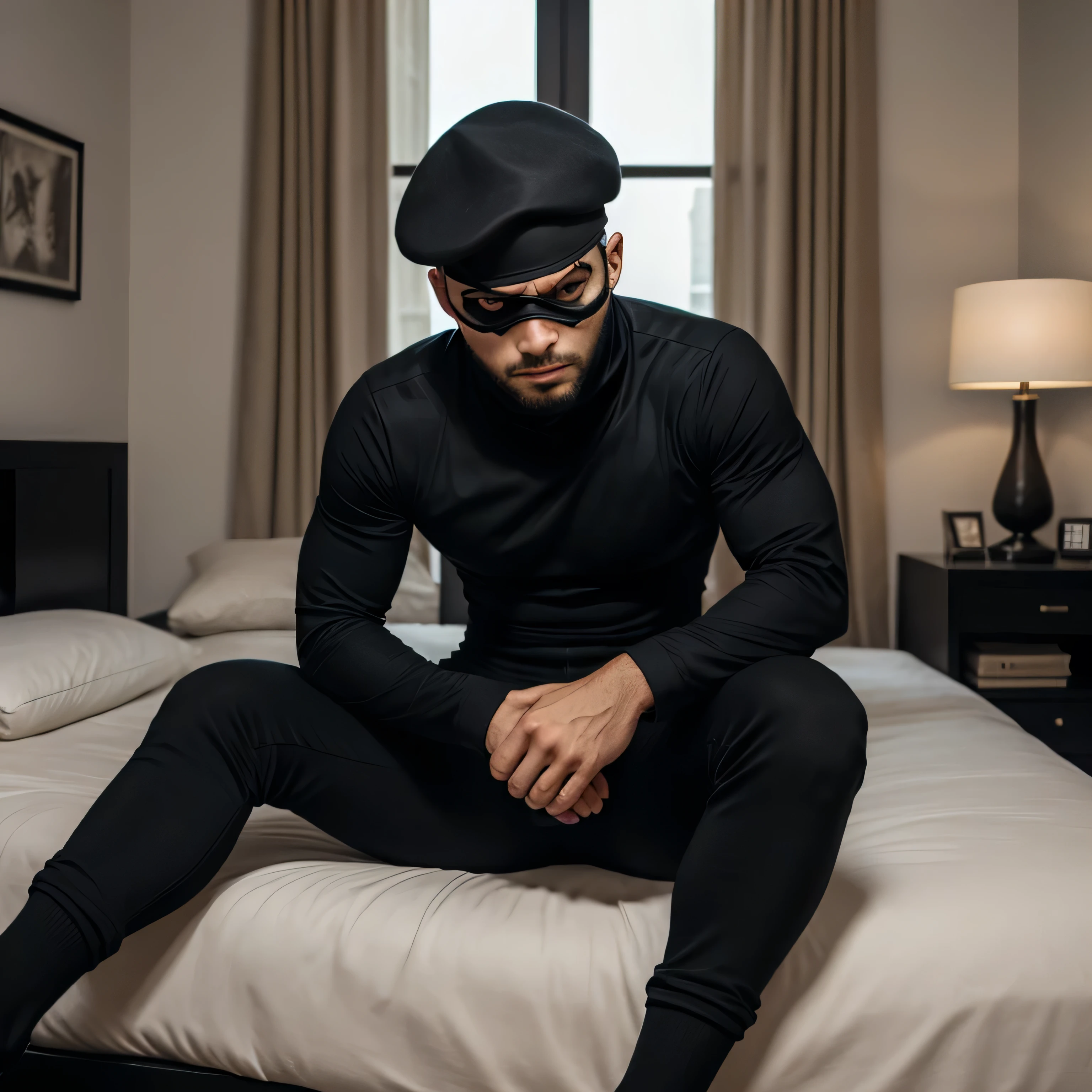 Age 33、handsome guy , 1 Man,Black Turtleneck Long Sleeve Tee。 short hair short hair 、bedroom、 bed Black eyepatch 、 Iraqi Faces During an Attack Menacing look face up Black Beret black slim pants sit with legs open crouch black socks Rip Your Sock Thumb black slim pants upper body ups