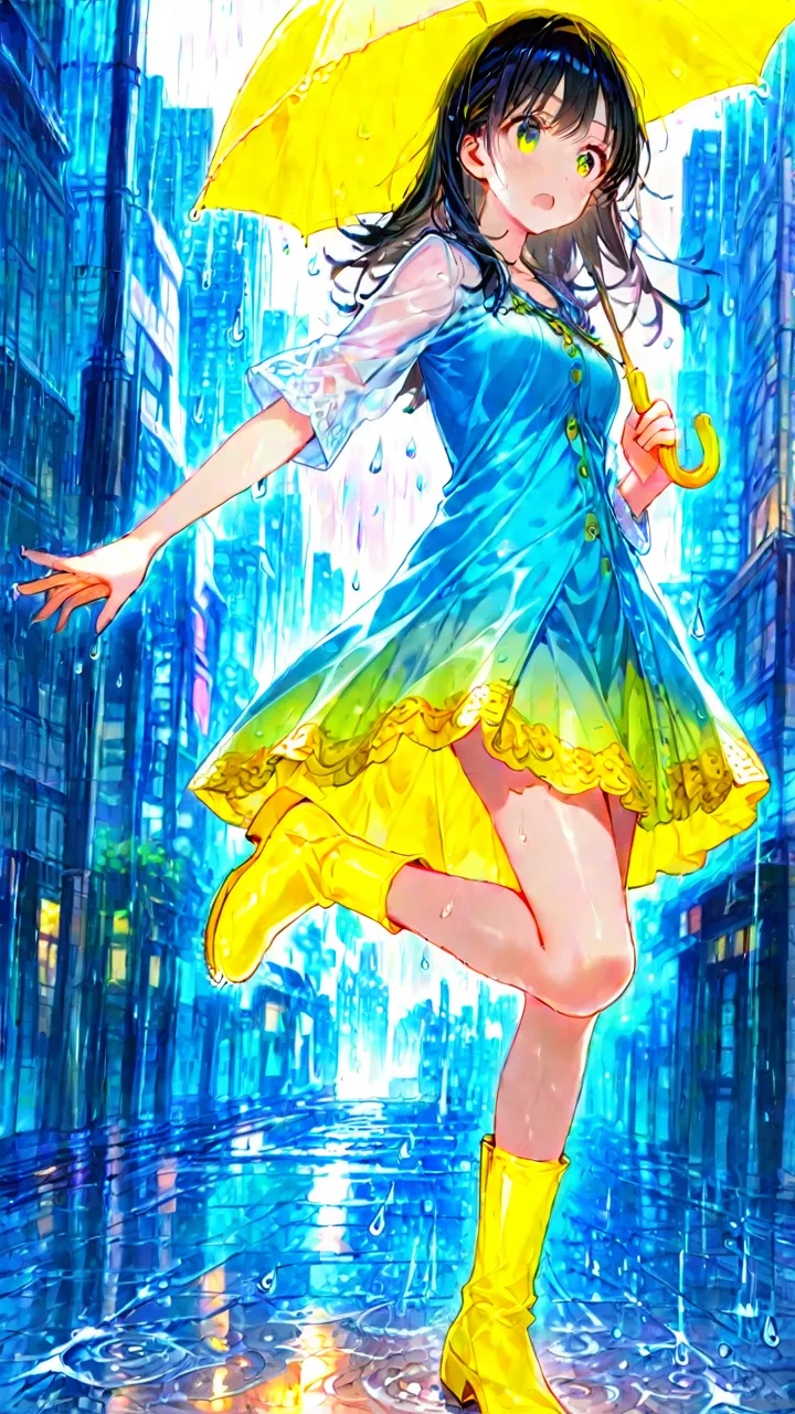 雨季城市打傘的女孩