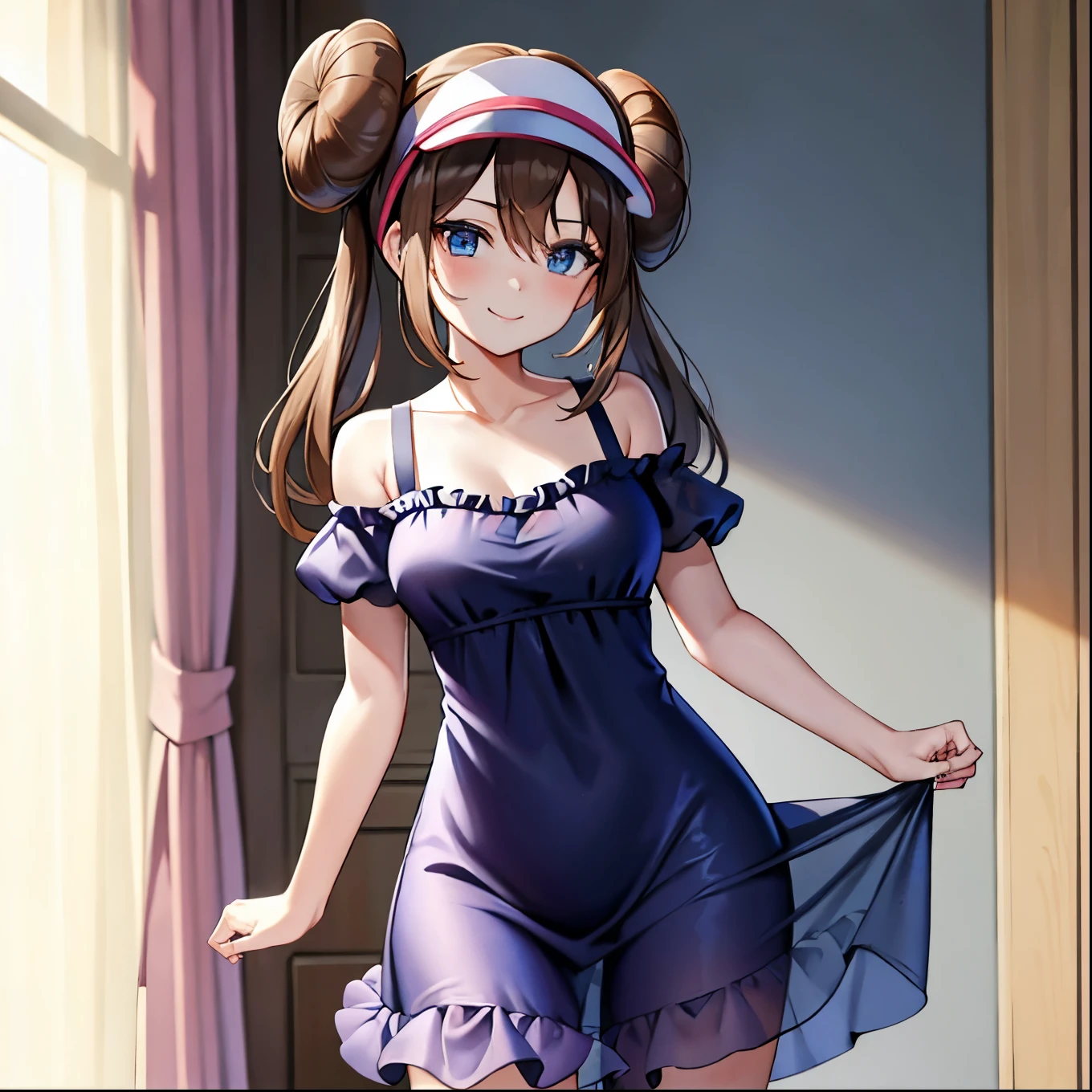 masterpiece, best quality, highres, 1girl, (solo), rosa pokemon, blue eyes, brown hair, long hair, twintails, double bun, visor cap, <lora:rosaPokemon_v2:0.7>, embarrassed, sweat, blush, m1n1dr3ss1, mini dress, <lora:m1n1dr3ss1:0.4>, bedroom