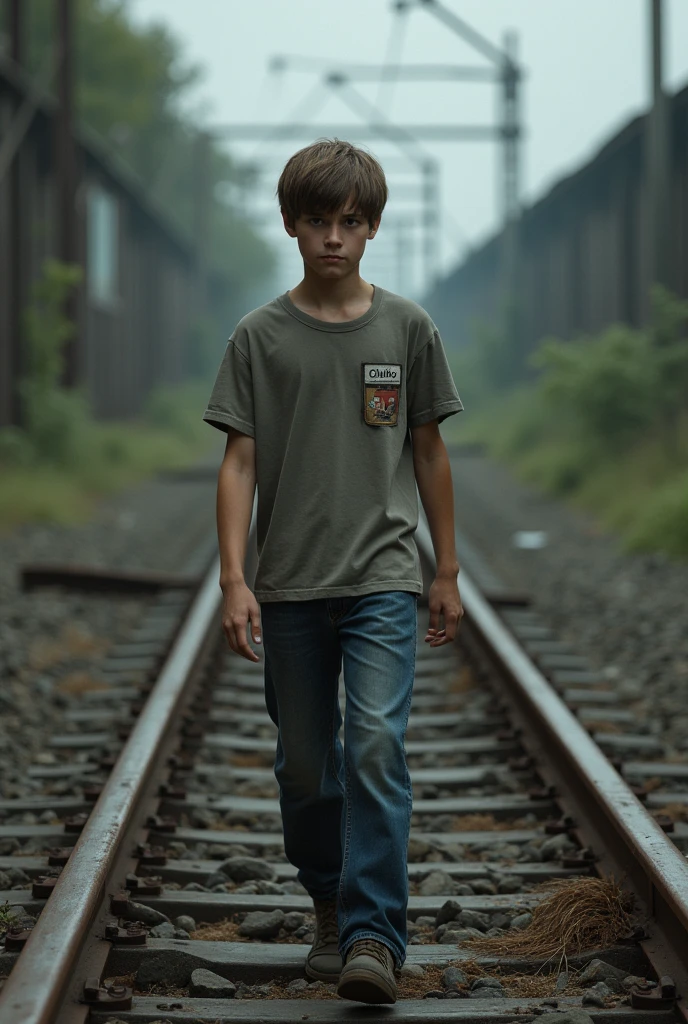 Add a sad boy, walking on rails, add the climko label - SeaArt AI
