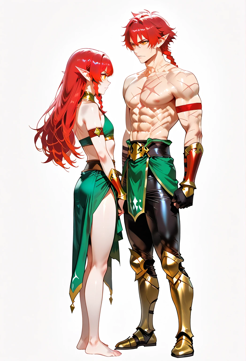 score_9, score_8_up, score_7_up, score_6_up, score_5_up, two person: Big brother carries on his back his small sister. 
{1man, ((male)), 4z0l4, Blade dancer, elf male, pointy ears, orange eyes, pale skin, red hair, (Scarlet hair), braided hair, muscular male, abs, (6 pack abs), (scars on chest), armor, (gladiator), bare shoulders, bracers, red armlet, leather pants, shin armor plates, plate boots, plate gloves}. 
{1girl, small girl, 4z0l4, full body, elf girl, pointy ears, orange eyes, pale skin, (red hair), (Scarlet hair), long hair, big hair, barefoot, flat chest, dressed in purple and green tunic}. 
(intricate details, masterpiece, best quality), high definition, realistic, 8k, no background. white background.