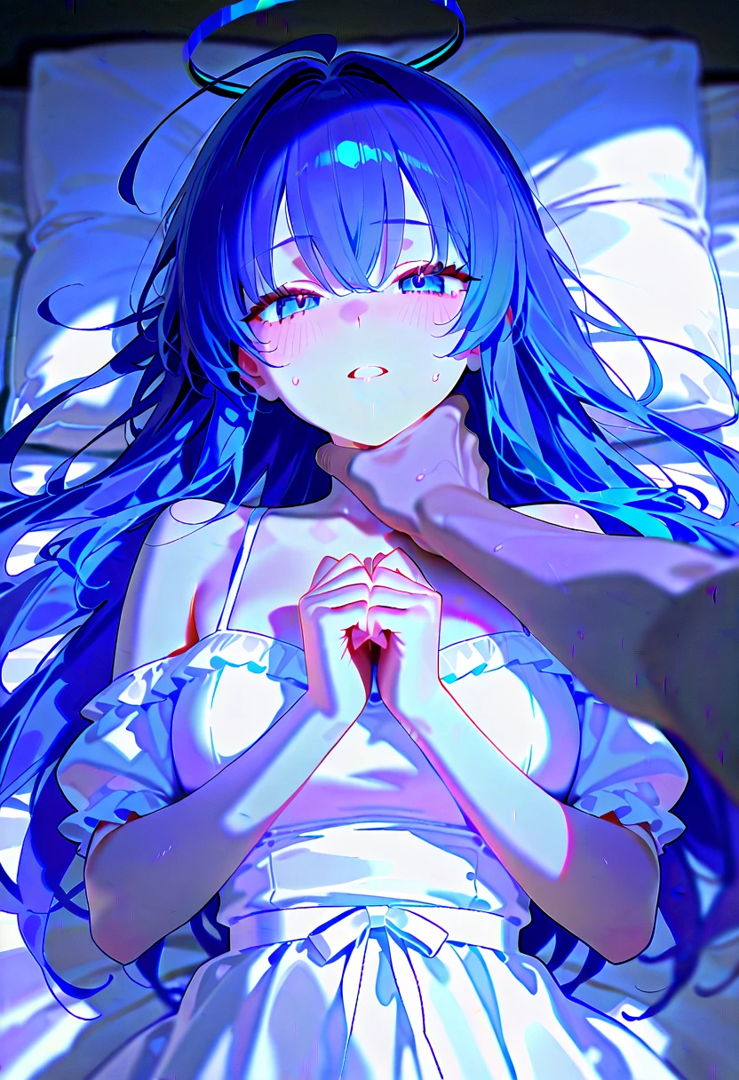 Ultra high quality、Ultra-high resolution、Beautiful details、Ultra HD quality、1 girl、Cute 13 year old girl、Long blue hair、Pure white wedding dress、Sleeping、Sleep rape、Having doggy style sex、A large amount of love juice is dripping from the pussy、Medium sized breasts、Beautiful pink nipples、