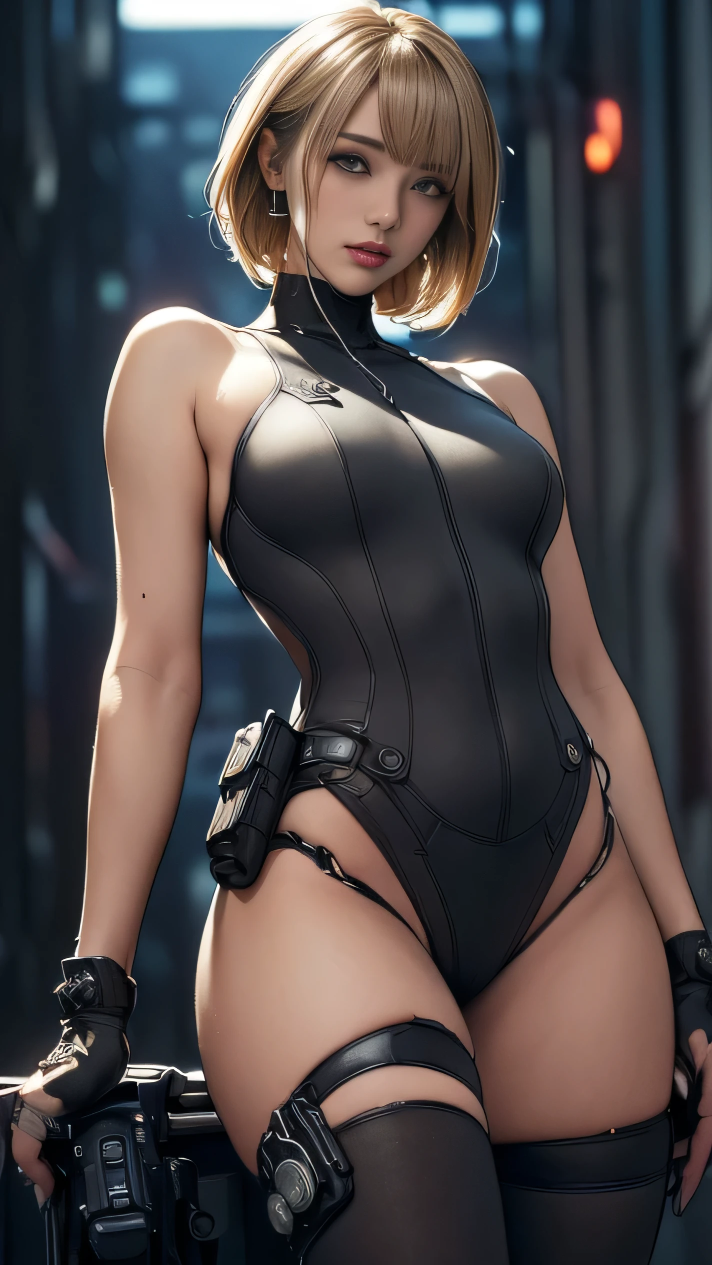 blonde dominatrix from "Watchmen: The End Is Nigh", short blonde hair, smirk, high-cut leotard, midriff window