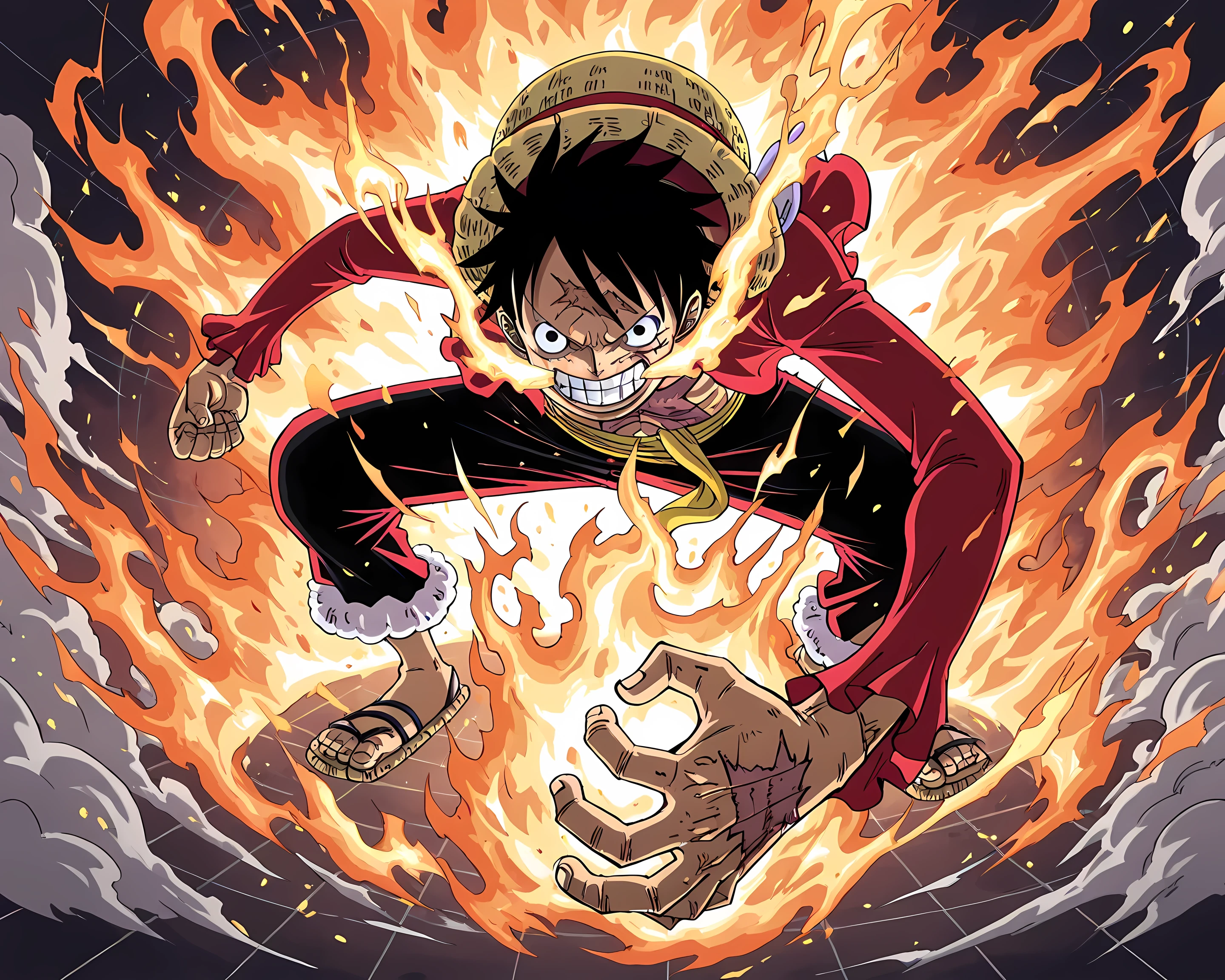 full body view ,Masterpiece, best quality, ultra-detailed, high resolution, Eiichiro Oda style, dynamic lighting, full-body shot. Monkey D. Luffy in Gear 2 pose, left hand clenched, right arm extended back, steam rising from skin, fierce grin, scar under left eye, sharp anime-style eyes, (Luffy's face, scars, and expression:1.4), (correct hand positioning:1.2). Surrounded by intense flames acting as a frame, glowing red-orange-yellow Eiichiro Oda style, blending dynamically with body (flames blending with character:1.3), (embers, steam effects:1.2). Background: 'LUFFY' in a vertical grid (vertical text:1.3), bold anime-style typography. Top: One Piece logo in both English and Japanese (ワンピース), centered and bold (ensure One Piece logo is visible:1.4), (typography matching One Piece theme:1.2). Dark dramatic background contrast.
