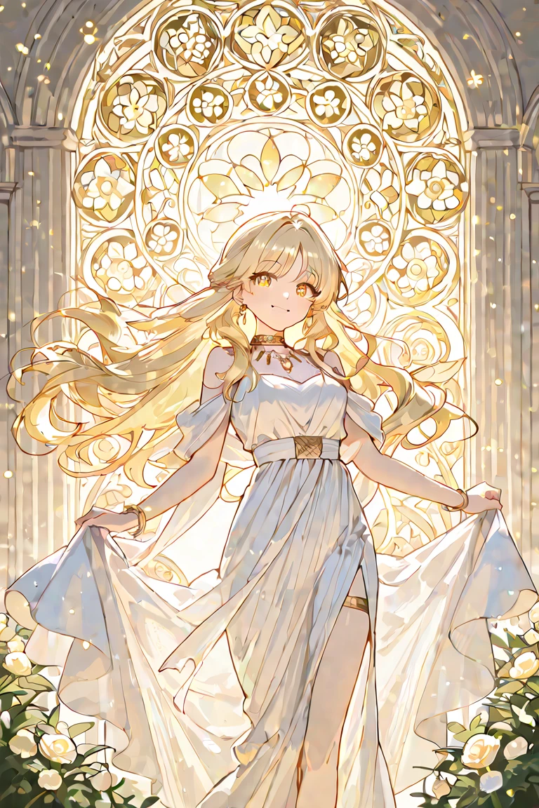 A beautiful detailed girl with blue eyes, rosy lips and a radiant smile, standing in a lush garden. She is wearing a flowing white dress that gently sways in the breeze. The sunlight filters through the trees, casting a warm golden glow on her, highlighting her delicate features. The garden is filled with vibrant flowers of various colors, creating a picturesque backdrop. The air is filled with the sweet scent of blossoms and the chirping of birds. The girl's hair dances in the wind, framing her face in a soft cascade of golden curls. The overall image exudes a sense of joy, serenity, and innocence. The artwork is created using traditional oil painting techniques, giving it a timeless and classic feel. The colors are vivid, with a perfect balance between warm and cool tones, creating a harmonious and pleasing aesthetic. The lighting is natural and soft, enhancing the girl's natural beauty and creating a peaceful atmosphere. The level of detail is extraordinary, with every brushstroke capturing the intricacies of the scene, from the delicate petals of the flowers to the fine strands of hair. The image is of the highest quality, with a resolution of 4K, ensuring every nuance and detail is faithfully reproduced. The final artwork is a masterpiece that celebrates the beauty of nature and the innocence of youth.