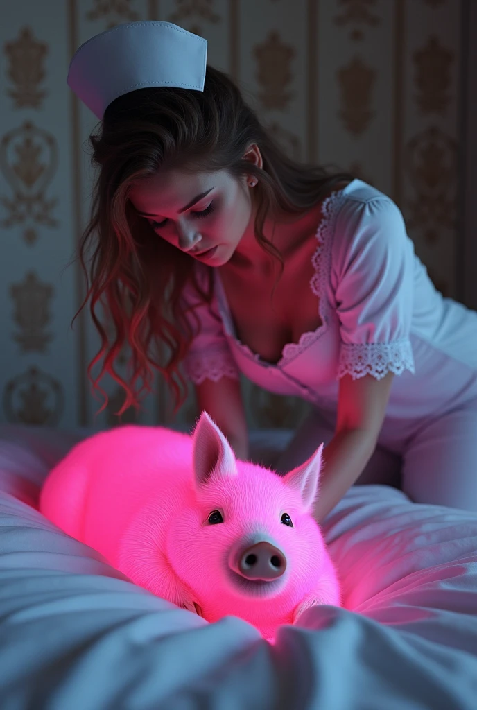 Photoshot of a beautiful white woman in a sexy hot bikini being hugged by a funny pink pig in a luxurious and magnificent bed with a Ridwangrapher name board