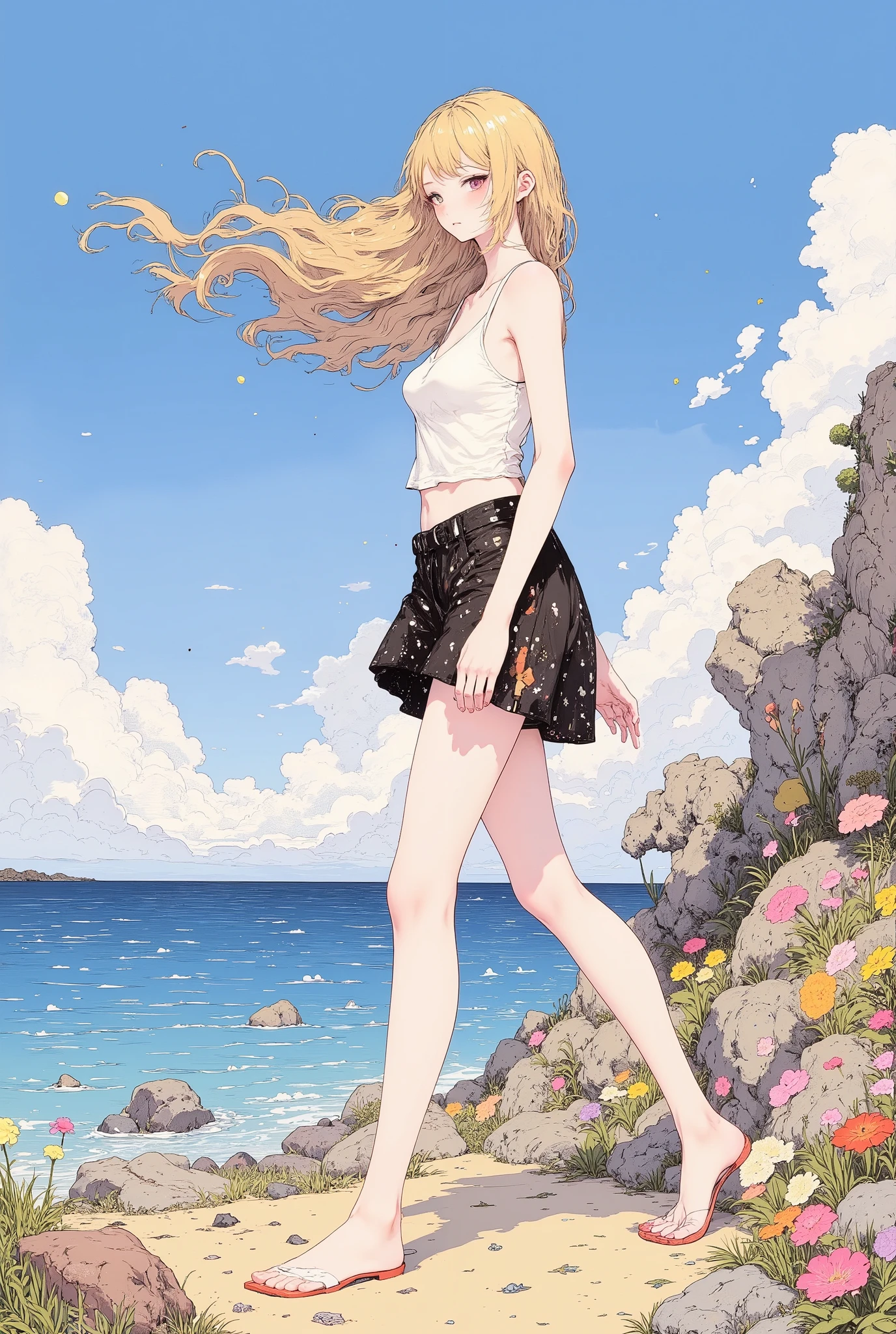 Anime girl walking on a beach with a beautiful view of the ocean ...