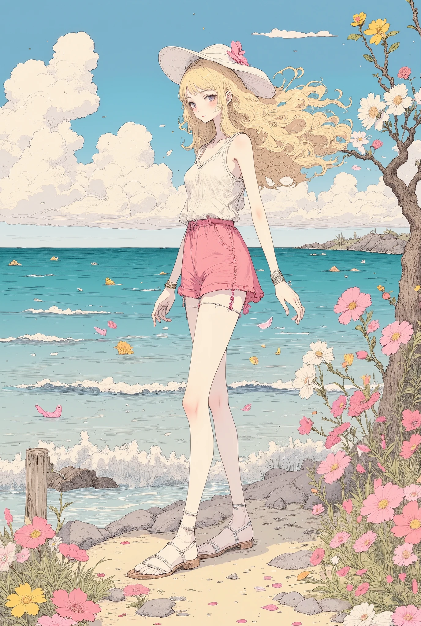 Anime girl standing on a beach with flowers and a hat - SeaArt AI