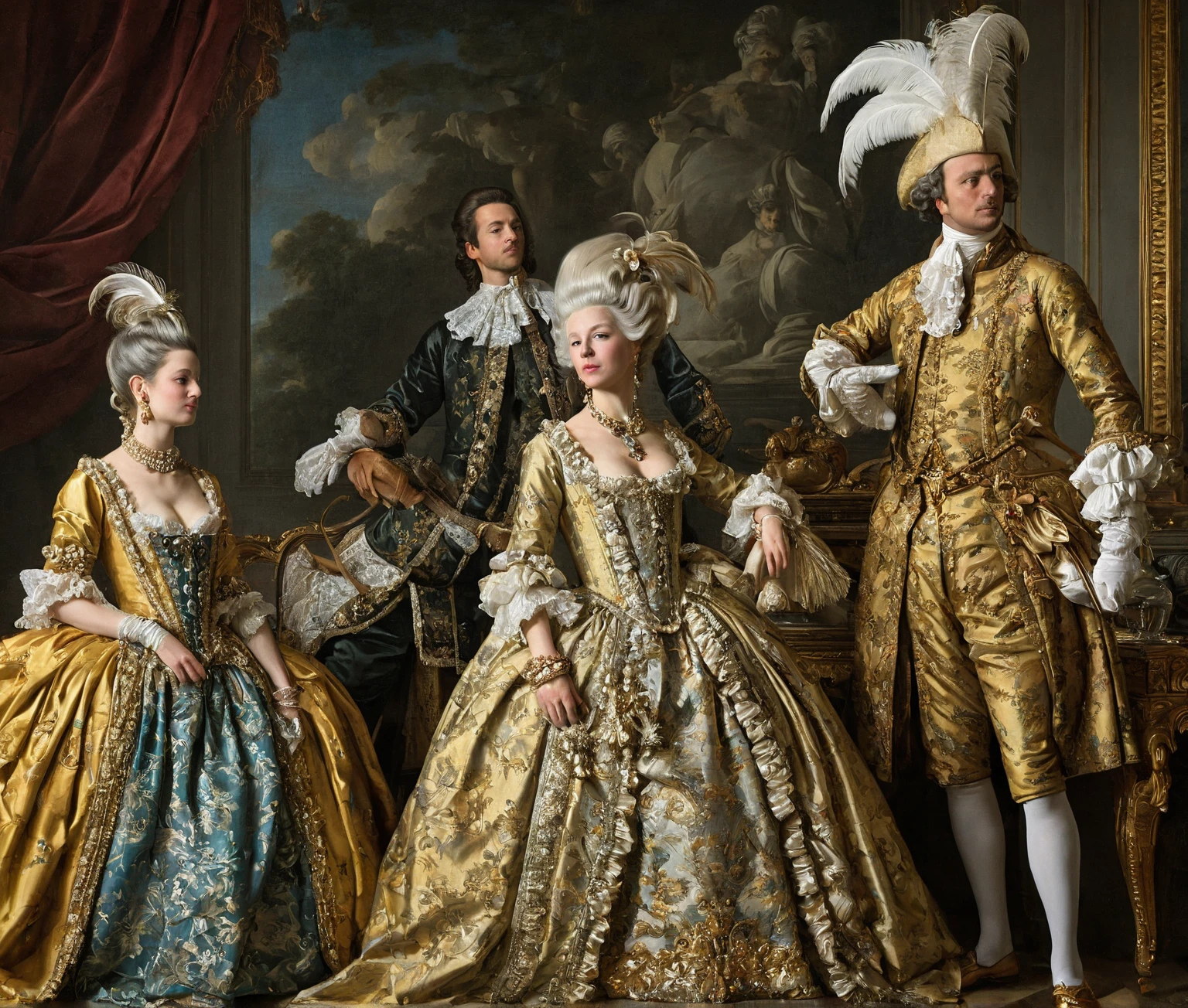 Image as a Jean Louis van loo’s painting oil on canvas Three figures, (ethnicity:1.0), (age:1.1), in elaborate 18th-century-style costumes, (detailed clothing:1.3), (accessories:1.3), (facial features:1.2), (expression:1.1), (body type:1.1), (pose:1.2), arranged in a horizontal row, positioned slightly staggered, with each figure centered in their respective thirds of the image's width. The figures are facing slightly forward, with a three-quarter profile view. The figures' elaborate gowns, (detailed clothing:1.3), feature black Baroque patterns on rich dark fabrics, adorned with delicate gold/bronze decorative elements. Large, dramatic, feathered rococó high white wig with light grey-white feather accents are on each figure, and each figure wears a venethian black eye mask like a bauta. Each hand holds what looks like a decorative fan, (detailed design:1.2), and they are holding them in front. The costumes have cascading, ruffled details and flowing fabrics. The background is aristocratic ambient of 18th century whit sculture and velvet curtunais .The composition is symmetrical and balanced. The lighting is soft, evenly distributed, with a muted palette of olive greens, browns, and muted golds, creating a formal, historical atmosphere. The style is akin to a period fashion illustration, (historical accuracy:1.1), (detailed rendering:1.2), (photorealistic style:1.1), and carefully detailed painting oil on canvas by hyacinthe rigaud, oil on canvas, court of Versailles