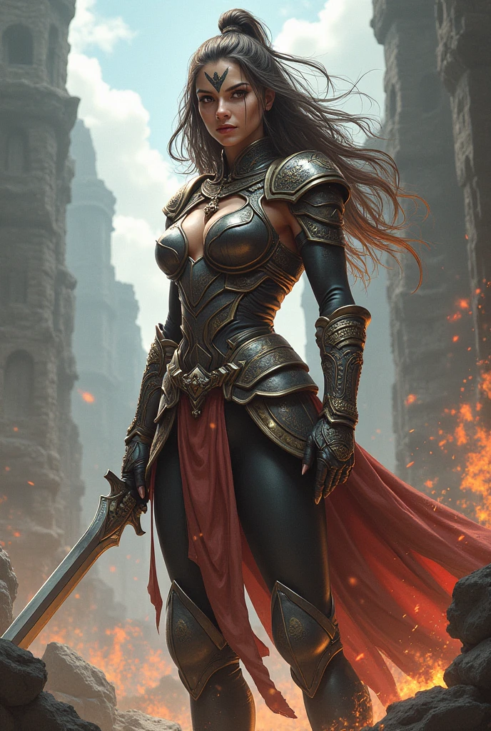 a human woman warrior inspired by Fire Emblem's Ayra with the chets plate and side open cloth showing a leg with lush long black hair