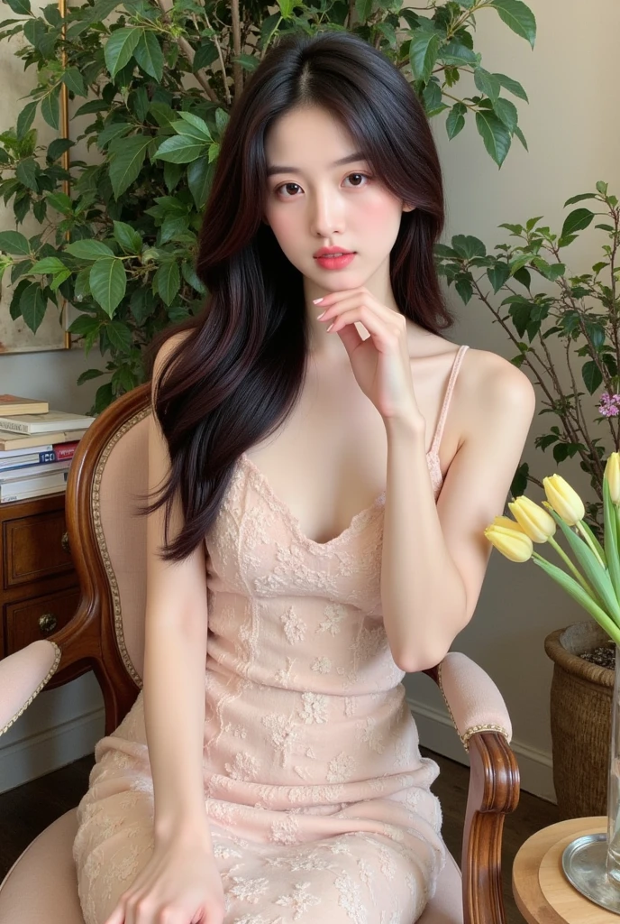 (((masterpiece))), (((Highest quality: 1.4))), ((Very detailed: 1.4)) , ((Genuine:1.4)), One Girl,(Bright lighting,Romantic atmosphere), very cute、Eyeshadow、Makeup、Incredible cuteness、Dreamy Background,,Black Hair, Fascinating, , Soft Skin, Fascinatingな美しさ, High-quality images, Vibrant colors,Pink floral long sheer skirt, mosquito net, romantic bedroom, Side suspension,Solobound,