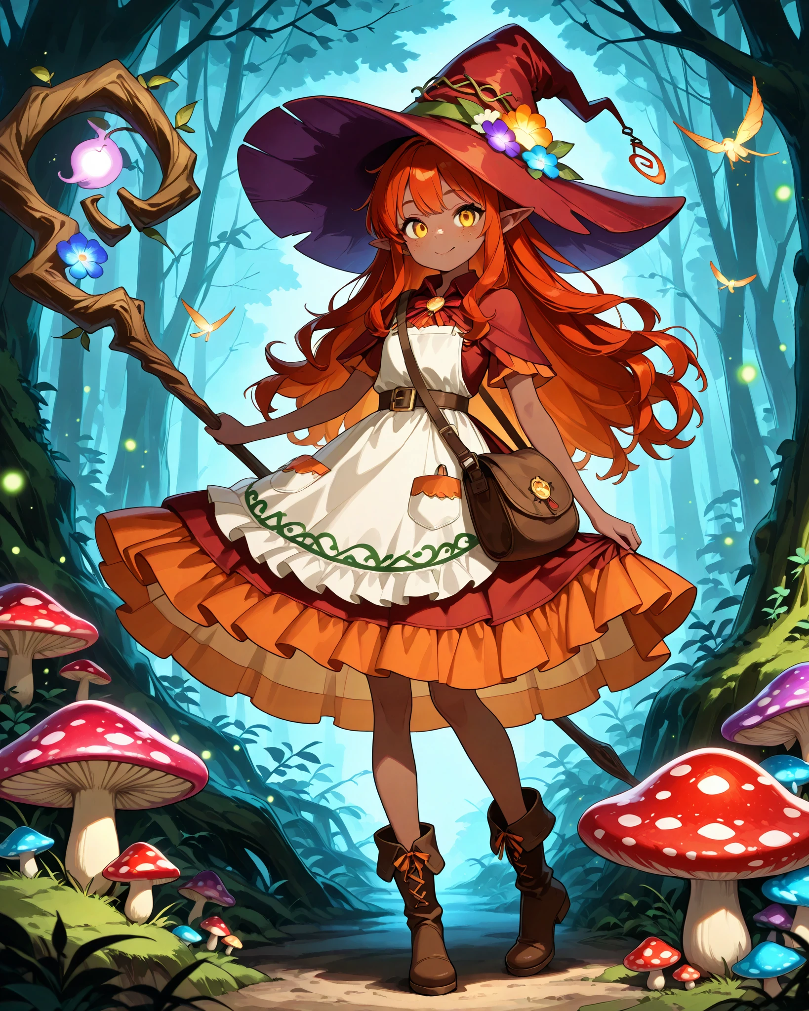 a Fungi Witch with tanned dark skin covered with freckles. Long pointy-ears. She has yellow-amber eyes. She has long to her feet loose fiery-red wavy hairstyle. Per witch dressing set: She wears swampy-green medieval dress and an apron with two pockets. she wearing a potion belt,with oakwood-acorn pendants. There is a bag over her shoulder with healing herbs sticking out of it. She has brown pointy-toed witch boots. She wears a red fly Agaric hat on her head. In her hand she holds a staff in the shape of a tree branch overgrown with moss. she slowly walking in the mushroom grove where big mushroom-trees grow everywhere around the blooming swamp, fireflies are flying in the air. Multicolored flowers and mushrooms wich growing around have bioluminescence.