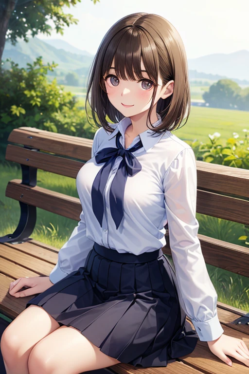 very cute and beautiful girl,(very detailed美しい顔), (smile),white blouse,ribbon,pleated plaid mini skirt, sitting,spread your legs,white panties,looking at the viewer,black hair, countryside,Narrow River,summer,wood, (highest quality,masterpiece:1.2),disorganized,High resolution,super detailed,very detailed,32K,8K resolution, intricate details,movie-like scene,detailed background,alone,dynamic angle, hair blowing in the wind,beautiful and detailed sky,high contrast,high color saturation,