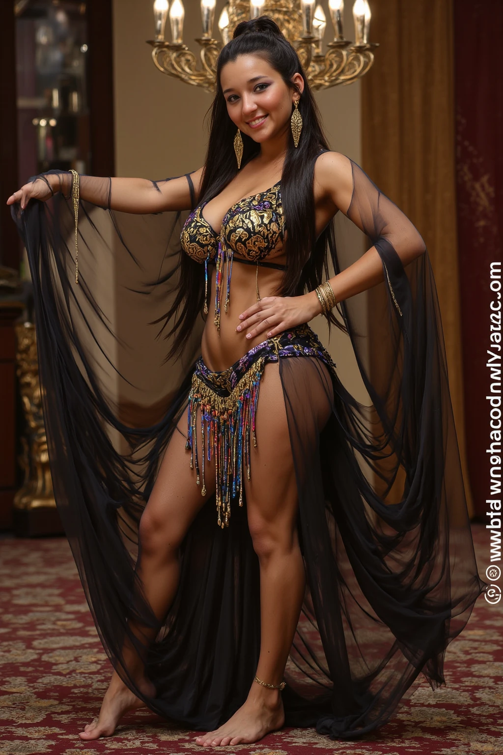 ((ifbb, dark skinned female, indian, mature female, bimbo, MIddle East harem dancer)). wearing ((see-through harem pants | light blue open pants | sheer arabian pants)), wearing ((red silk sari top)), wearing ((purple skirt, translucent skirt, long skirt)), (detailed face, high detail full shot, high quality, masterpiece, best quality, 16k)