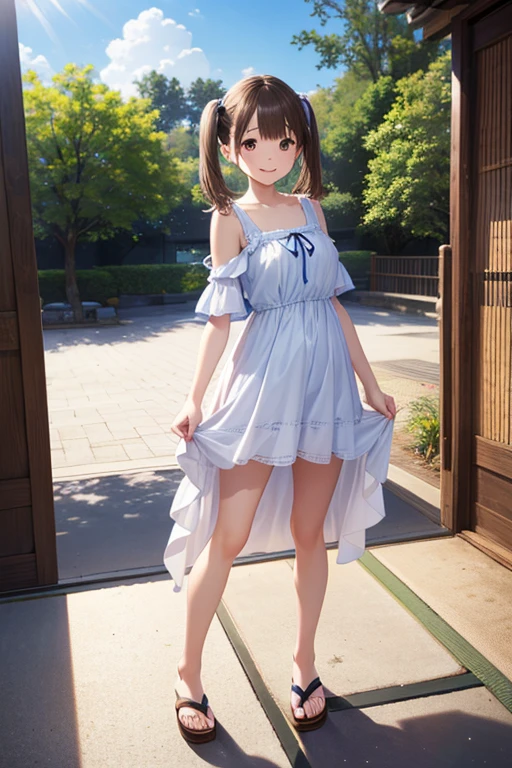 A beautiful woman with light delicately filtering through her hair, her summer dress is beautiful and she's standing in front of a cottage