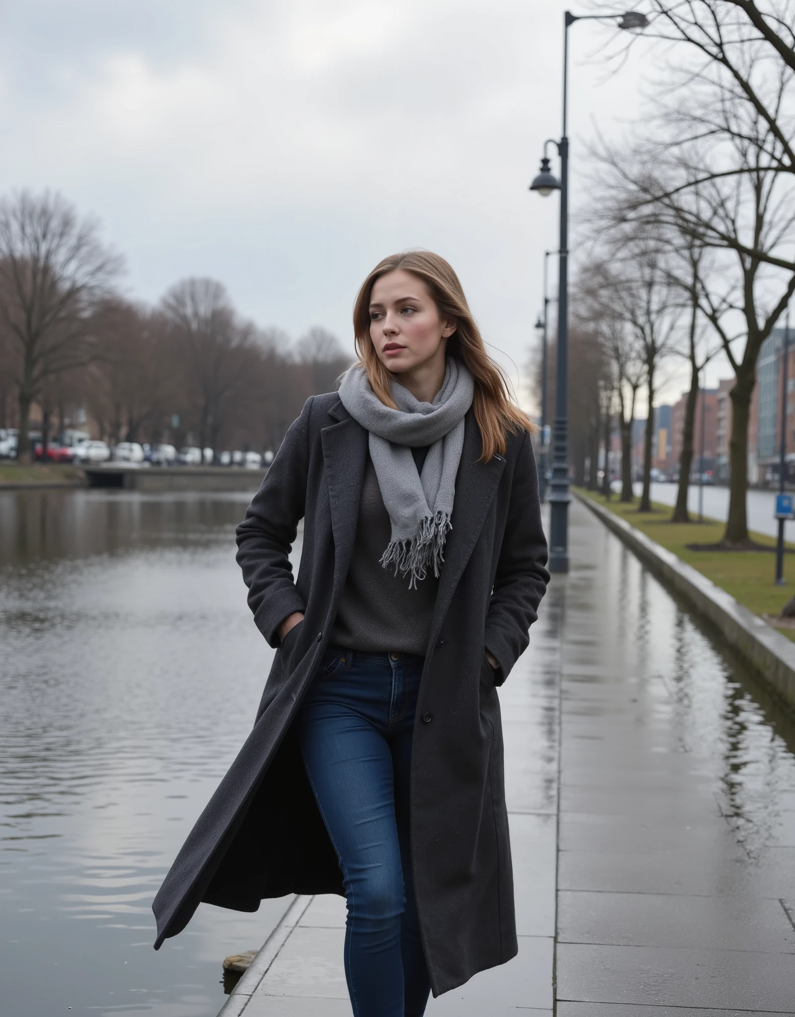 Mid-range shot of Eden, a 23-year-old model from Hamburg, walking along the Alster on a typical, cool March day. She wears long , dark gray wool coat, a light scarf and comfortable jeans. Your hands are loosely stuck in your pockets, while your breath is easily visible in the cool air. The trees are still bare, and the water of the Alster reflects the cloudy, But bright light. Ultra-HD, cinematic and realistic, bright but cool lighting, urban and natural.