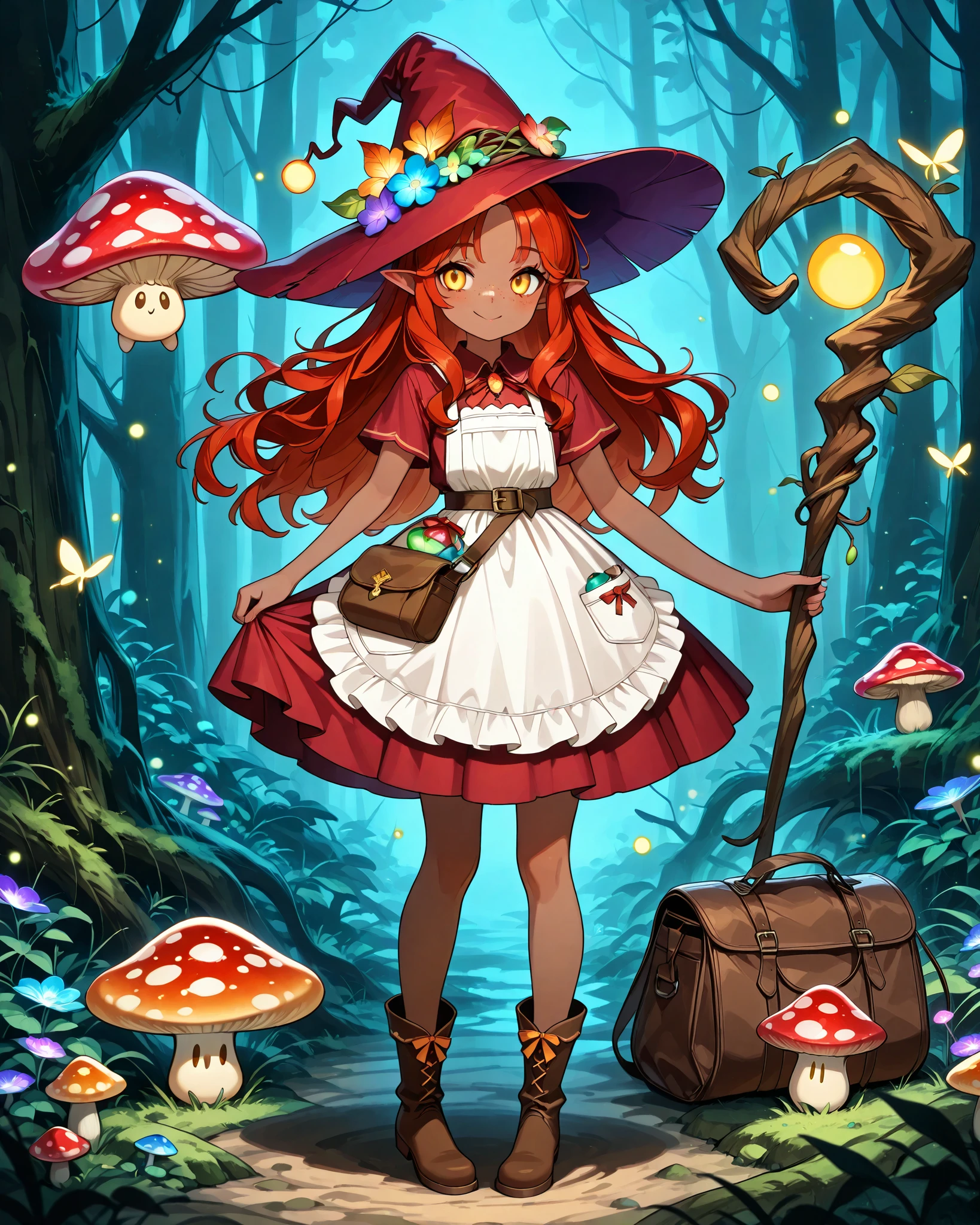 a Fungi Witch with tanned dark skin covered with freckles. Long pointy-ears. She has yellow-amber eyes. She has long to her feet loose fiery-red wavy hairstyle. Per witch dressing set: She wears swampy-green medieval dress and an apron with two pockets. she wearing a potion belt,with oakwood-acorn pendants. There is a bag over her shoulder with healing herbs sticking out of it. She has brown pointy-toed witch boots. She wears a red fly Agaric hat on her head. In her hand she holds a staff in the shape of a tree branch overgrown with moss. she slowly walking in the mushroom grove where big mushroom-trees grow everywhere around the blooming swamp, fireflies are flying in the air. Multicolored flowers and mushrooms wich growing around have bioluminescence.