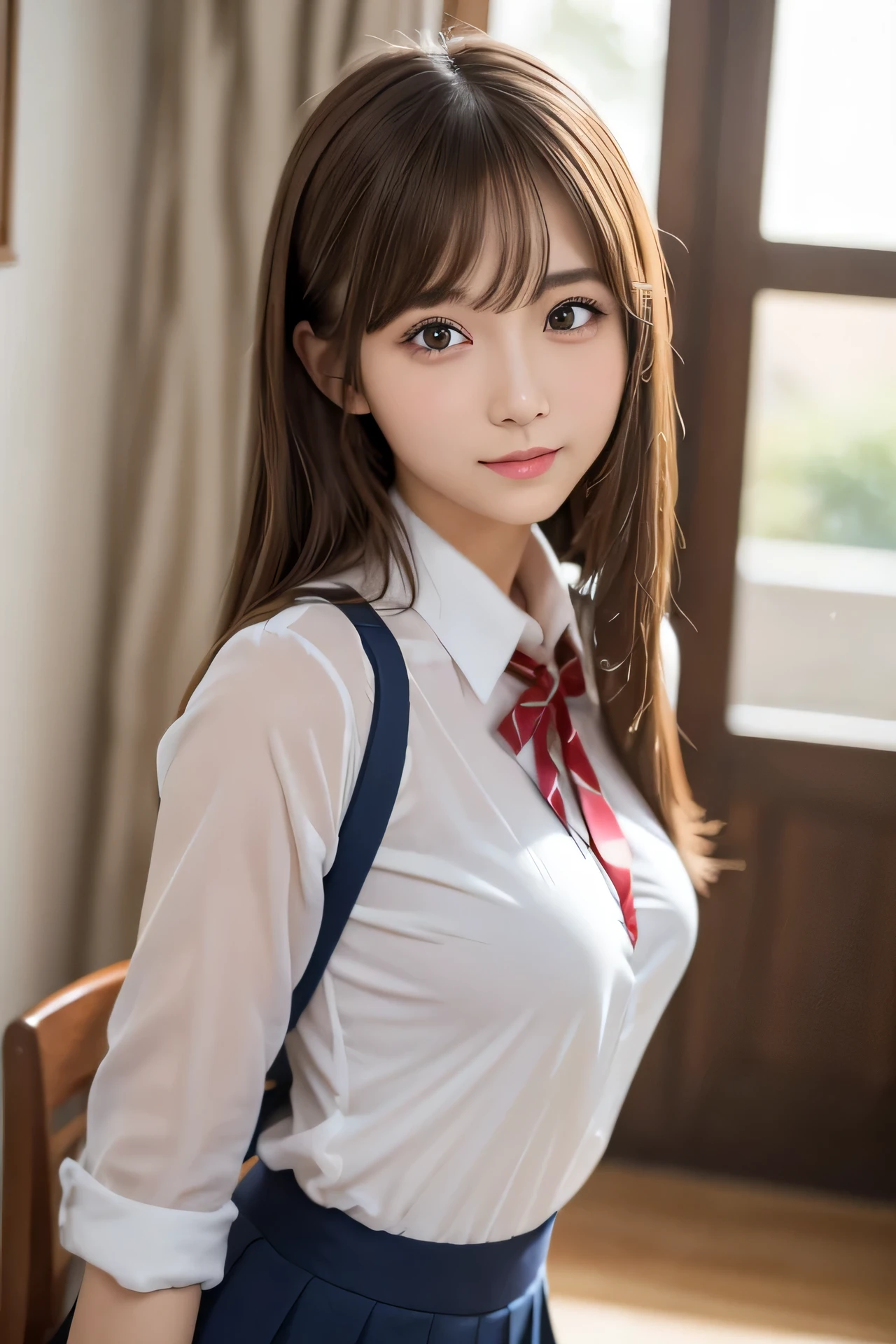 Angelic Very pretty cute young girl, 
very beautiful girl,
(V-line jaw),
Beautiful detailed brown eyes, 
small straight nose,
Detailed double eyelids, 
(Large eyes:1.3), 
Long straight brown hair, 
see-through bangs, 
beautiful detailed face and eyes, 
smiling, 
BREAK   
(super shiny metallic dark red  blazer:1.3),metallic pearl white school blouse,(shiny metallic bright red neck ribbon tie:1.2),(super shiny metallic dark blue pleated skirt :1.5),(school uniform with super reflective surfaces:1.5),

(Very beautiful cute girl:1.2), 
Very pretty cute young girl, 
V-line jaw,
Beautiful detailed eyes, 
very beautiful girl,
Detailed double eyelids, 
(Large eyes:1.3), 
Long straight brown hair, 
see-through bangs, 
beautiful detailed face and eyes, 
smiling, 
break  
(Very beautiful cute girl, Beautiful detailed eyes, Detailed double eyelids:1.3), 
(Soft Saturation: 1.3), 
(Fair skin: 1.4), 
(Large eyes:1.4), 
break  
Very beautiful cute girl, 
Sharp Focus, 
brown hair, 
Very beautiful cute girl, 
Raw photo, 
High resolution, 
perfect detail, 
Professional Photography, Professional Lighting, 
strong lighting,
break 
(smile:1.6),(10 yo:1.3)