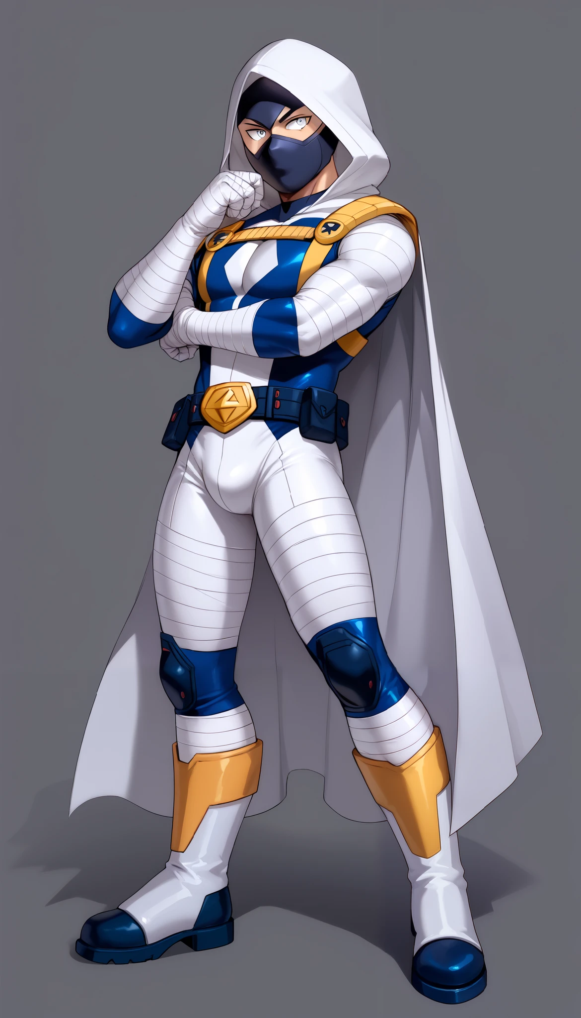 (My Hero Academia Style), (High Quality), 1boy, Young male, solo, (Anthro), Moon Knight, Marvel Rivals, (White Ranger), (Power Rangers), (Ranger suit), (full body suit made of colored bandages), (Asymmetrical colored hero suit), (Full body hero suit made of colored bandages), (Asymmetric Bandage Hero Suit), (Asymmetric Color Hero Suit), (black metallic gauntlets and boots), (black elbow and knee pads), (hood up made of bandages), (hero cape made of bandages), (hood up), (hood), (hero cape), (black multi-function belt), (face covered), (face covered), (black mask with white eyes), (black bandage mask), (white eyes), Looking at the Viewer, perfect anatomy, perfect hands, super detailed, (simple background), heroic pose, (Full Body Photo:1.5),