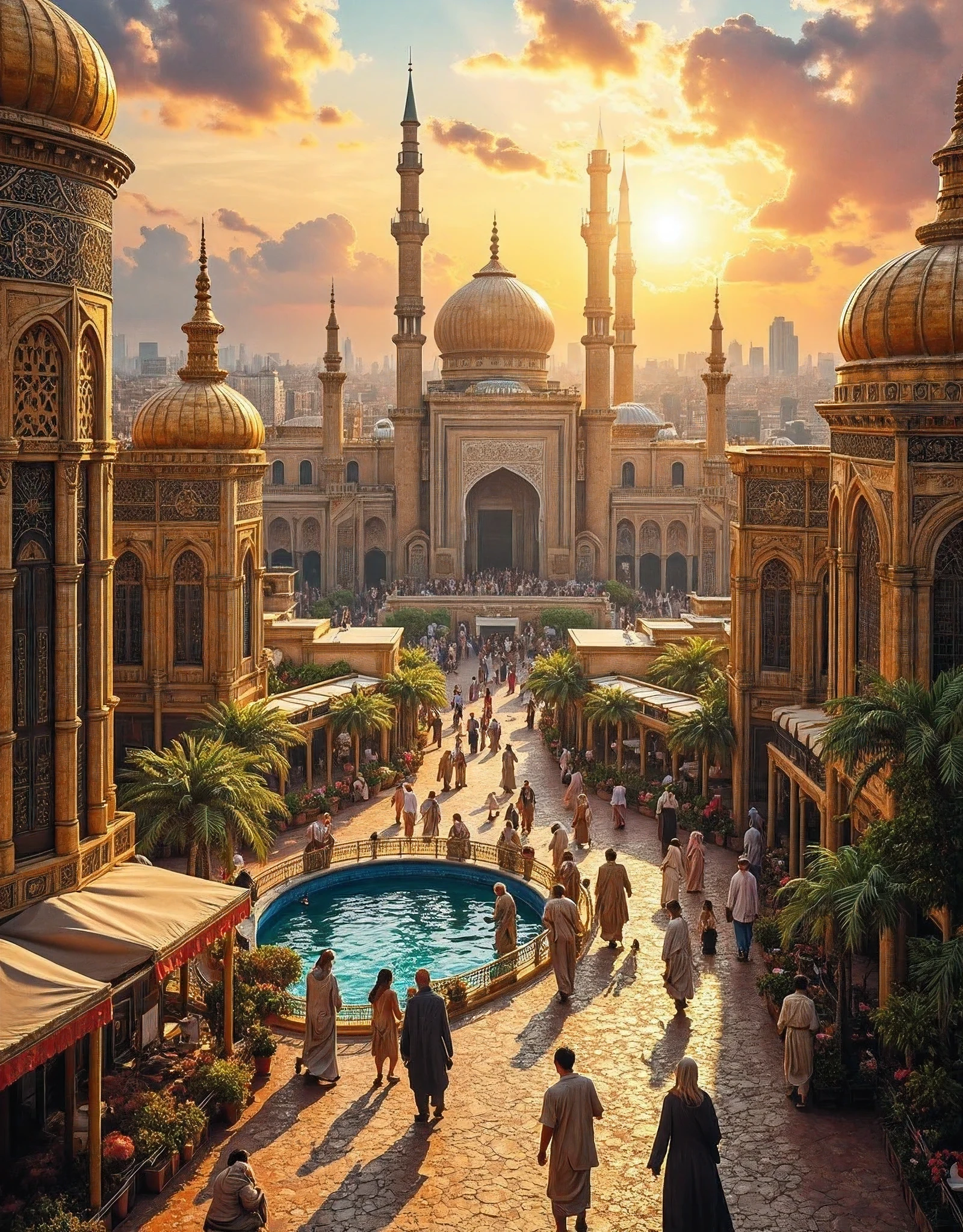 **Prompt:** Envision yourself as a historian strolling through the enchanting streets of the Round City of Baghdad during its Islamic golden age in the 8th century. Feel the pulse of the City of Peace (Madīnat as-Salām) surrounding you, where grand architecture reflects the visionary ambitions of Abbasid Caliph al-Mansur. Picture the interplay of colors as the sun sets, casting golden hues on the domes and intricate tile work inspired by Persian designs. Hear the lively chatter of merchants vying for attention, the melodic recitations of scholars sharing groundbreaking ideas, and the rhythmic sounds of artisans honing their crafts. Inhale the fragrant scents of spices wafting from bustling markets and blooming gardens. As you explore, immerse yourself in the vibrant dialogues that shape the vicinity of knowledge and innovation. What awe-inspiring discoveries captivate your mind, and how do they contribute to the flourishing of ancient civilization? Capture these vivid scenes through your creative lens, emphasizing hyperrealistic details that bring to life the richness of this extraordinary era. (mixed lighting concept), (fullest depth of fields), 
