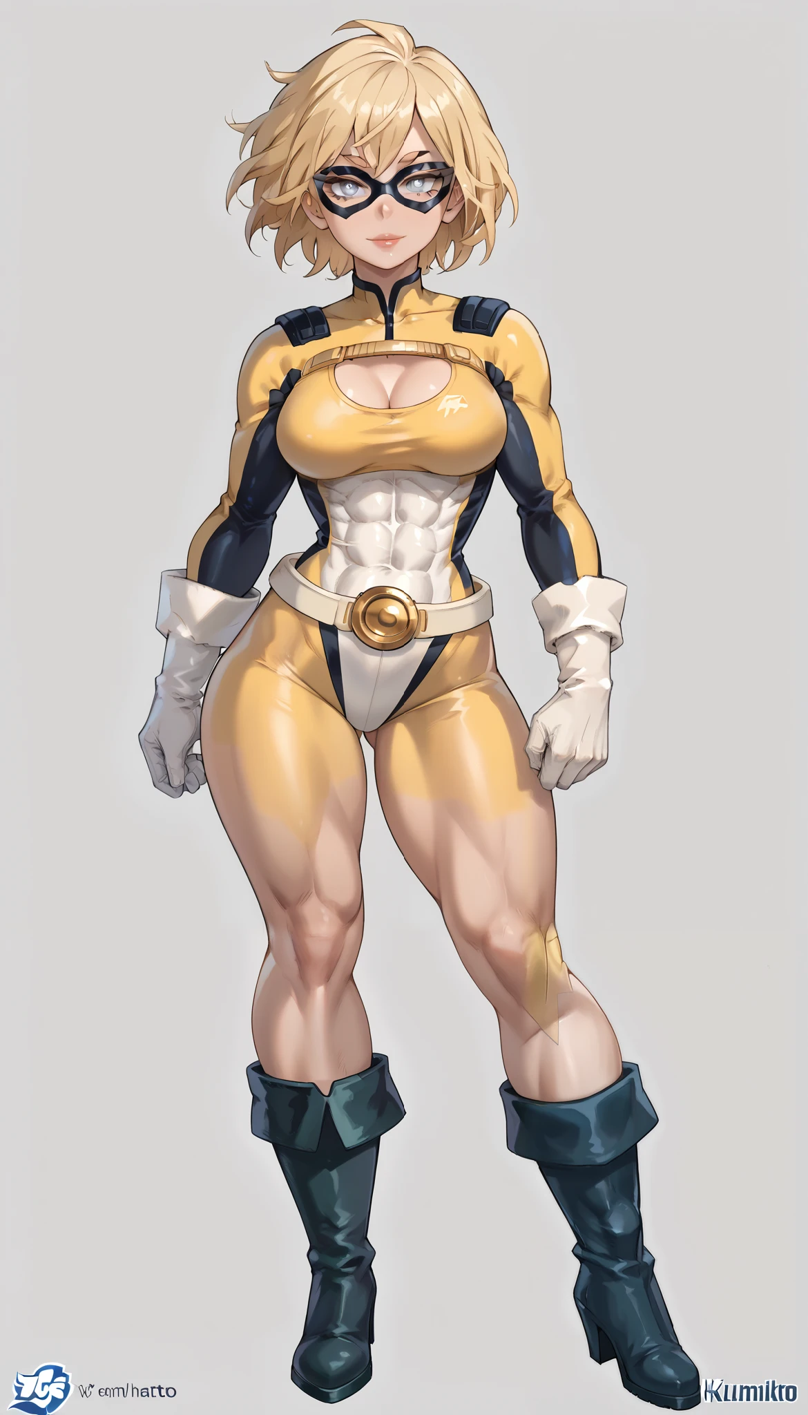 (My Hero Academia Style), (High Quality), 1Girl, Solo, Anthro, Young Girl, , (blond hair), (yellow hero suit on the super part and black on the lower part), (Yellow top hero suit with white lines), (U logo on white chest), (U logo on the chest), (black lower hero suit with white lines), (white gloves and boots), (gold belt with a U logo on the buckle), (medium breasts), (wide calves), (wide hips), (wide thighs), (slender waist), Abs, (perfect anatomy), (perfect hands), (super detailed), (simple background) ((Perfect face)), (Black domino mask with white eyes), (black domino mask), (white eyes), ((eyewear)), (looking at viewer), (full body photo:1.5),