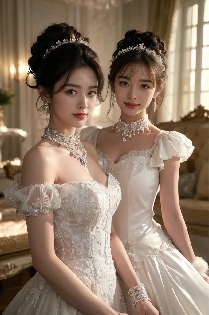 The Great Hall of the Castle，Highest quality,masterpiece,Ultra-high resolution,(Realistic:1.4),Xiuxian,arms,Detailed face,Two Girls,Cleavage,(magic circle:1.2),Xiuxian,Upper Body,beautiful girl,whole body,east asian building,sheath,Medieval dress,race