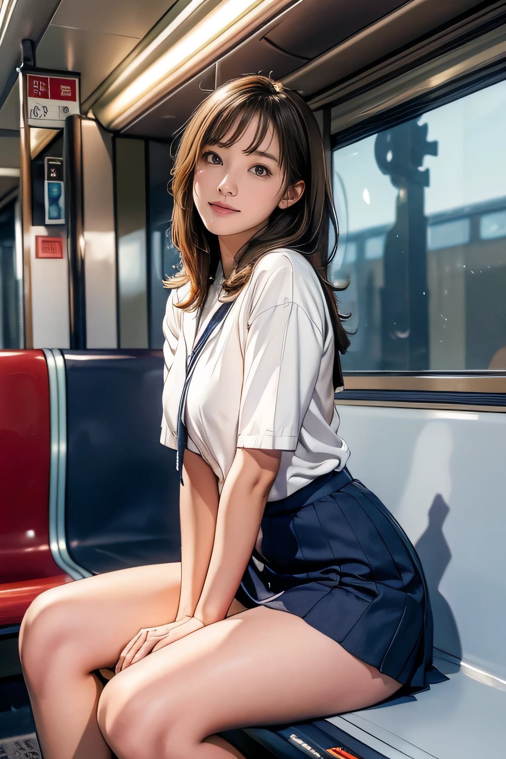 (masutepiece, Best Quality:1.2), 8K, Official art, Raw photo, unbelievable Ridiculous, (Upper body, (white square tank top, white detail panties, mini skirt), serafuku, squatting:1.4, (skirt lifting), Beautiful Girl, Idol face, arching back down, large full breasts, (thinwaist), thighs thighs thighs thighs, Stockings, close up, (School uniform), Short sleeve, gardenia, violaceass (train subway station), Looking at Viewer, No makeup, Film grain, chromatic abberation, Sharp Focus, face lights, Dynamic lighting, Cinematic lighting, Detailed face, Bokeh background