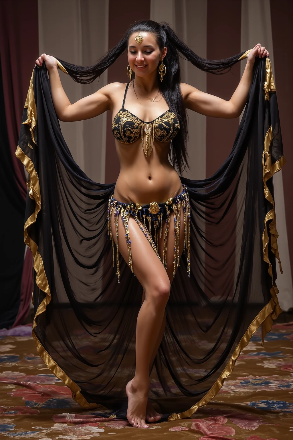 ((Highest quality)), ((masterpiece)), (detailed), One person、Belly dance、smile、Sweat、Zexy、Dynamic pose