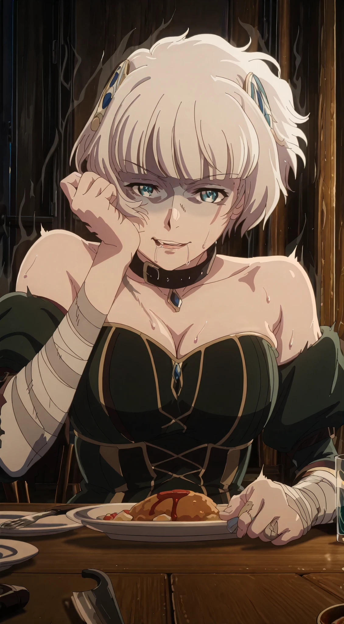 twotr, anime coloring, anime-style, anime screencap, detailed background, vignetting, masterpiece, high quality, absurdres, best quality, very aesthetic, newest, dynamic composition, anatomical correct, HD, 4K, digital art, trending on ArtStation, perfect body, perfect eyes, perfect fingers, gasping, heavy breathing, excessive sweating, sweating, sweating profusely, gasping profusely, cinematic, ((skindentation)), ((voluptuous)), meteora osterreich, white hair, short hair, blunt bangs, hair ornament, blue eyes, bright pupils, ((white outline)), (aura), (black aura:1.2), 1girl, stitches, breasts, fork, solo, cleavage, smirk, looking_at_viewer, food, scar, knife, patchwork_skin, sitting, plate, collar, stitched_face, object_through_head, table, cup, bare_shoulders, zombie, parted lips, drooling, saliva, shaded face, upper teeth, hand_on_own_face, drinking_glass, corset, bandages