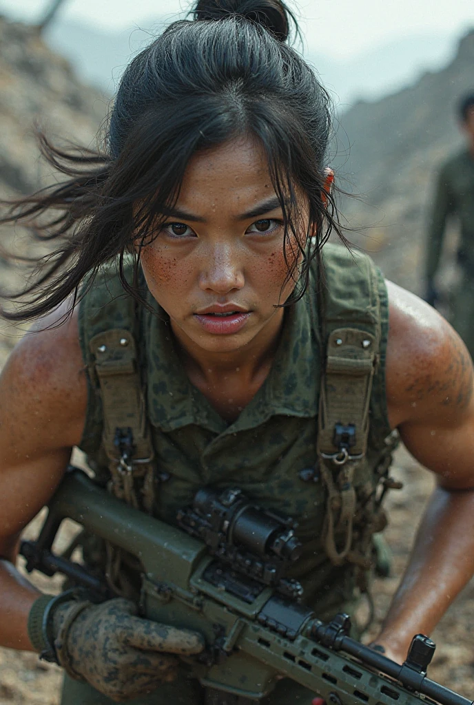 Korean female soldier sweating