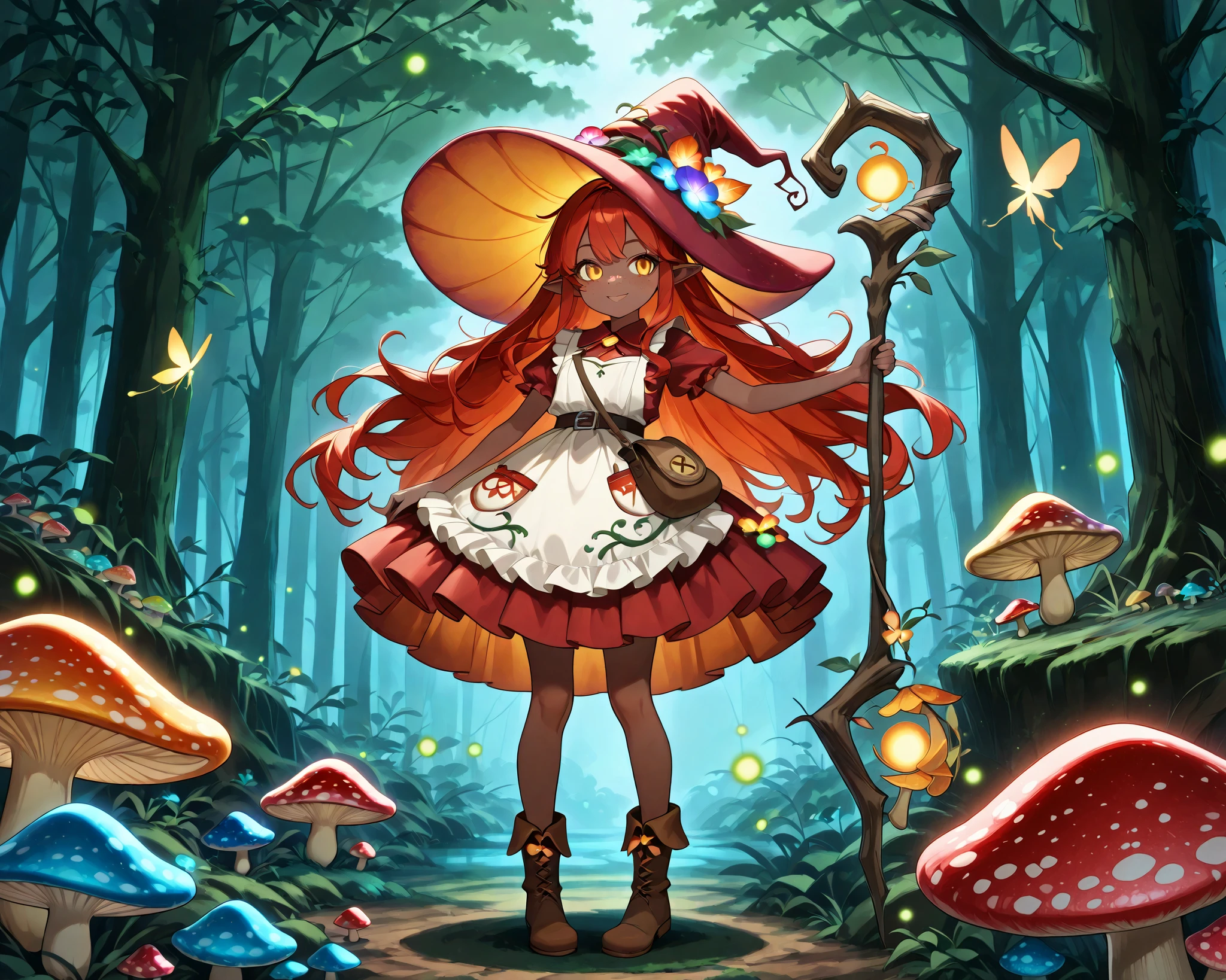 a Fungi Witch with tanned dark skin covered with freckles. Long pointy-ears. She has yellow-amber eyes. She has long to her feet loose fiery-red wavy hairstyle. Per witch dressing set: She wears swampy-green medieval dress and an apron with two pockets. she wearing a potion belt,with oakwood-acorn pendants. There is a bag over her shoulder with healing herbs sticking out of it. She has brown pointy-toed witch boots. She wears a red fly Agaric hat on her head. In her hand she holds a staff in the shape of a tree branch overgrown with moss. she slowly walking in the mushroom grove where big mushroom-trees grow everywhere around the blooming swamp, fireflies are flying in the air. Multicolored flowers and mushrooms wich growing around have bioluminescence.