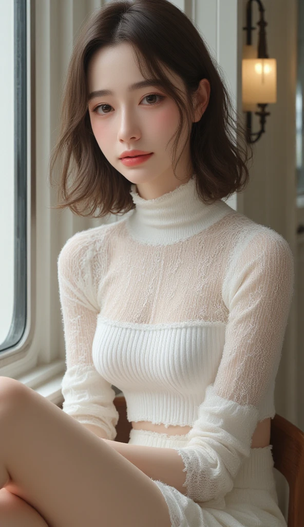 cute, (cute 1girl:1.35, 20-year-old), realism, (High resolution), ((Chiaroscuro, ray tracing lighting)), ((Highest quality realistic textured skins)),((Highest quality realistic textured hair)), ((The most absurd quality: perfect body)), ((Small Head:1.3)), slim and muscular body, ((Perfect balance)), ((Anatomically correct)), ((Perfect Dynamic Posture, Super K-Pop Idols)), ((Highly detailed beautiful slim round face:1.3)), Light pale complexion, ((Highly detailed, clear and sharp perfect round realistic aqua_left eye:1.2)),  ((Highly detailed, clear and sharp, perfectly round and realistic crimson_right eye:1.2)),Detailed pupils, Best detailed lips, ((Perfect Professional Delicate Everyday Makeup)), ((Wearing a loose, fluffy white knit dress:1.3)), A close-up of her face, (Architectural masterpieces in the background, Victorian bathroom features modern nautical accents:1.25), ((A radiant smile, Happy atmosphere)), ((Perfect subtle everyday makeup)),