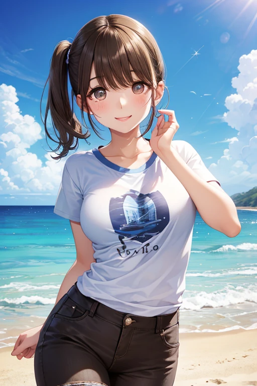 (8K、Highest quality、Highest quality、masterpiece)、Detailed face、One Girl、(Brown Skin:1.2)、Long Hair、Red Eyes、Serious、(Red Tank Top、Denim hot shorts、Open Shorts、Unziped shorts、Mini jeans Shorts、No Panties、NoPanties、Spread pussy、heart cutout)、labia view、Beach、cloud、vagina、Pussy Lip、Wedgie between Pussy Lips、Big Breasts