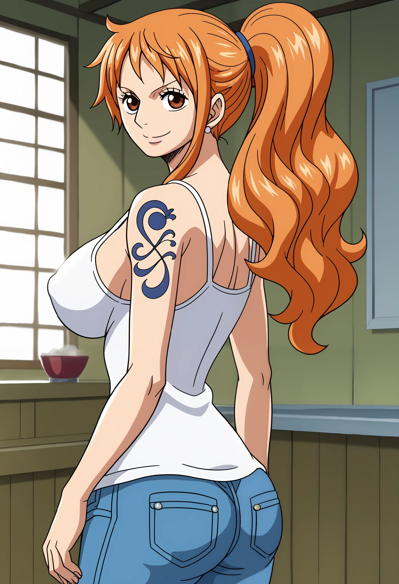 score_9_up, best quality, cowboy shot, anime_source, anime style, (SOLO:1.7), 1girl, Nami, orange hair, (white comesole:1.4), morning, (ponytail:1.7),  (serious smile:1.3), (curvy body:0.7),), (slightly looking at the viewer:1.2) (Medium breasts:1.5), jeans, (tiny biceps:1.2), (cooking:1.5), looking back, (slightly from right:1.8), shoulder tattoo