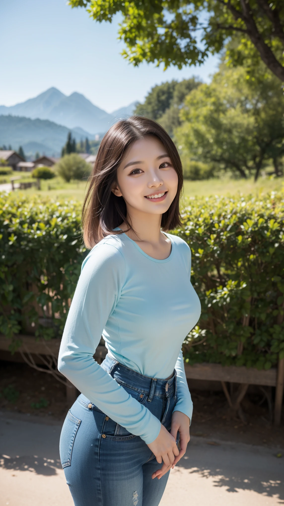 beautiful indonesian woman, 1girl, realistic, 3d photo, oval face, small lips, short hair, light blue long sleeve tight shirt, dark blue long jeans, body, 36K size breasts, standing with a sexy smile, open natural background with mountains, detailed face, detailed and beautiful eyes, detailed and beautiful lips, highly detailed face, long eyelashes, photorealistic, cinematic lighting, bright colors, award winning digital art, (best quality,8k,highres,masterpiece:1.2),ultra-detailed,(realistic,photorealistic,photo-realistic:1.37)