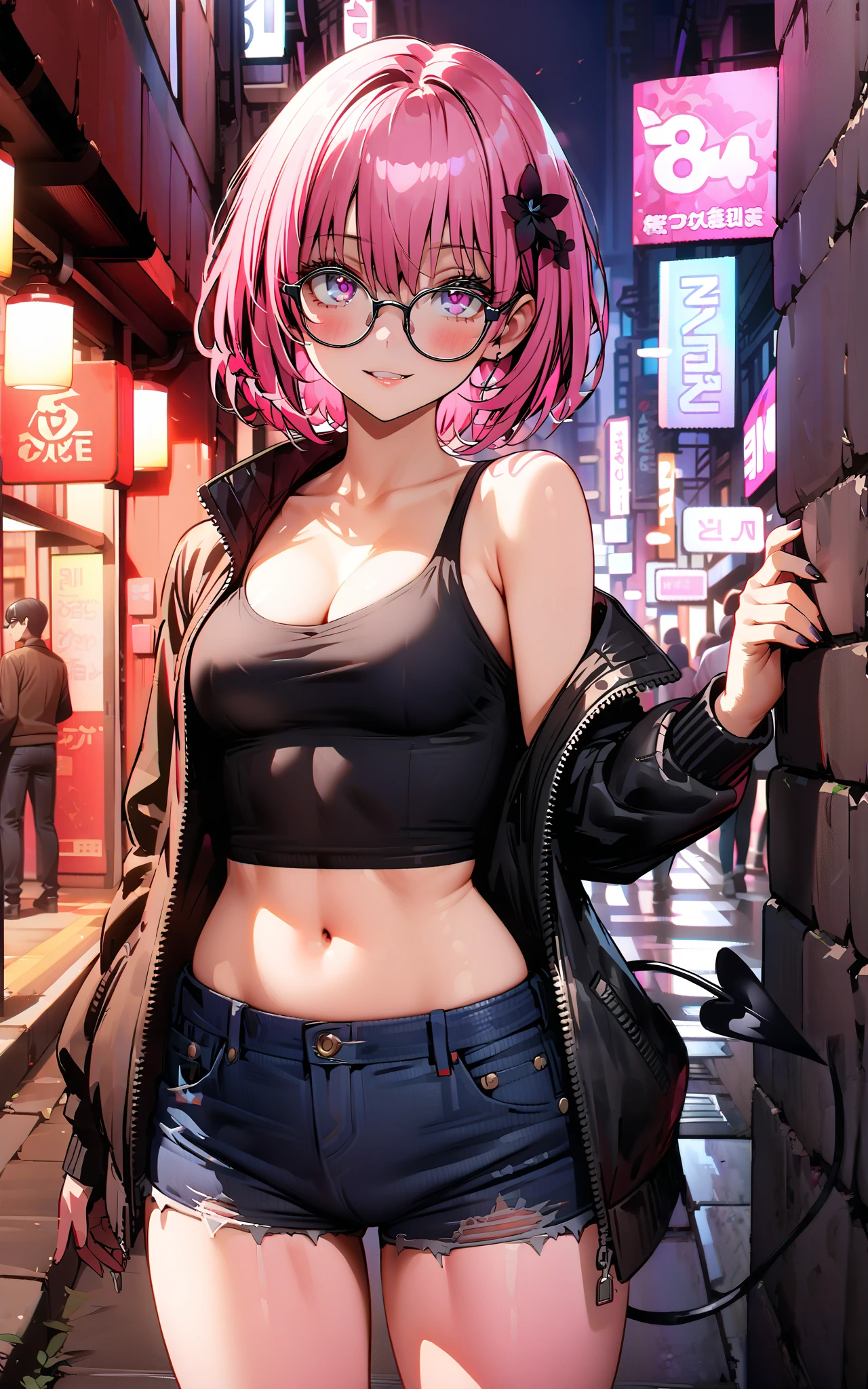 score_9, score_8_up, score_7_up, source_anime,
モモデbuildingケ, モモ・デbuildingーク, demon Tail, Hair Flower, hair ornaments close to the garden, purple eyes, pink hair, short hair, Medium breast,cleavage,Tail,riders jacket,tank top outside of anime,Underbomb,belly button sticking,Bare legs,denim micro shorts,glasses,shoes, Short Boots,standing,building,Nōn,night,full bodyがイラストに入るように,
break outdoors, Metropolis,
break looking at viewer,full body,
break (masterpiece:1.2),Highest quality , kampala, Unity 8K Wallpaper ,(shape:0.8),( fine, beautiful eyes :1.6),It's a person ,full body写真,CG Details , (perfect hands, complete anatomy),