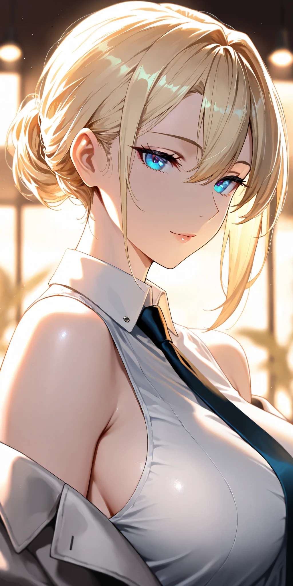 Masterpiece, very aesthetic, vibrant, high contrast, high resolution, ultra detailed, cool and mature woman, elegant, blonde hair, hair between eyes, swept hair, updo hair, blue eyes, upper body, tie, sleeveless collared shirt, off shoulder jacket, side boobs, looking at viewer, dynamic lighting, best quality, newest, seductive
